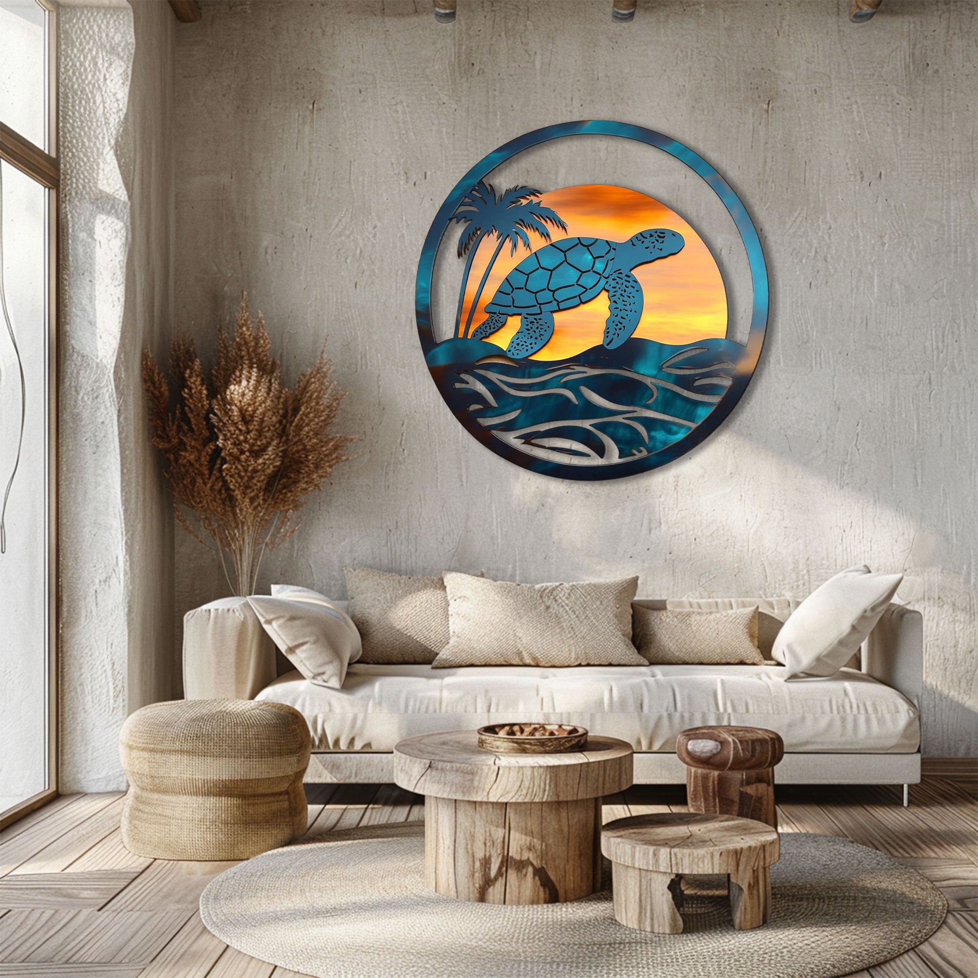 Sunset Sea Turtle Circle Metal Wall Art – 2D UV Printed Aluminum Coastal Horizon Decor