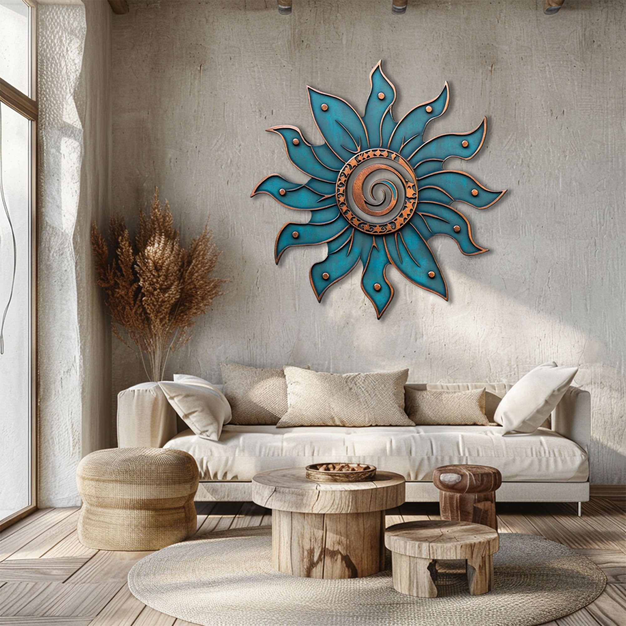 Turquoise Sun Mandala Metal Wall Art – 2D UV Printed Aluminum Boho Decor