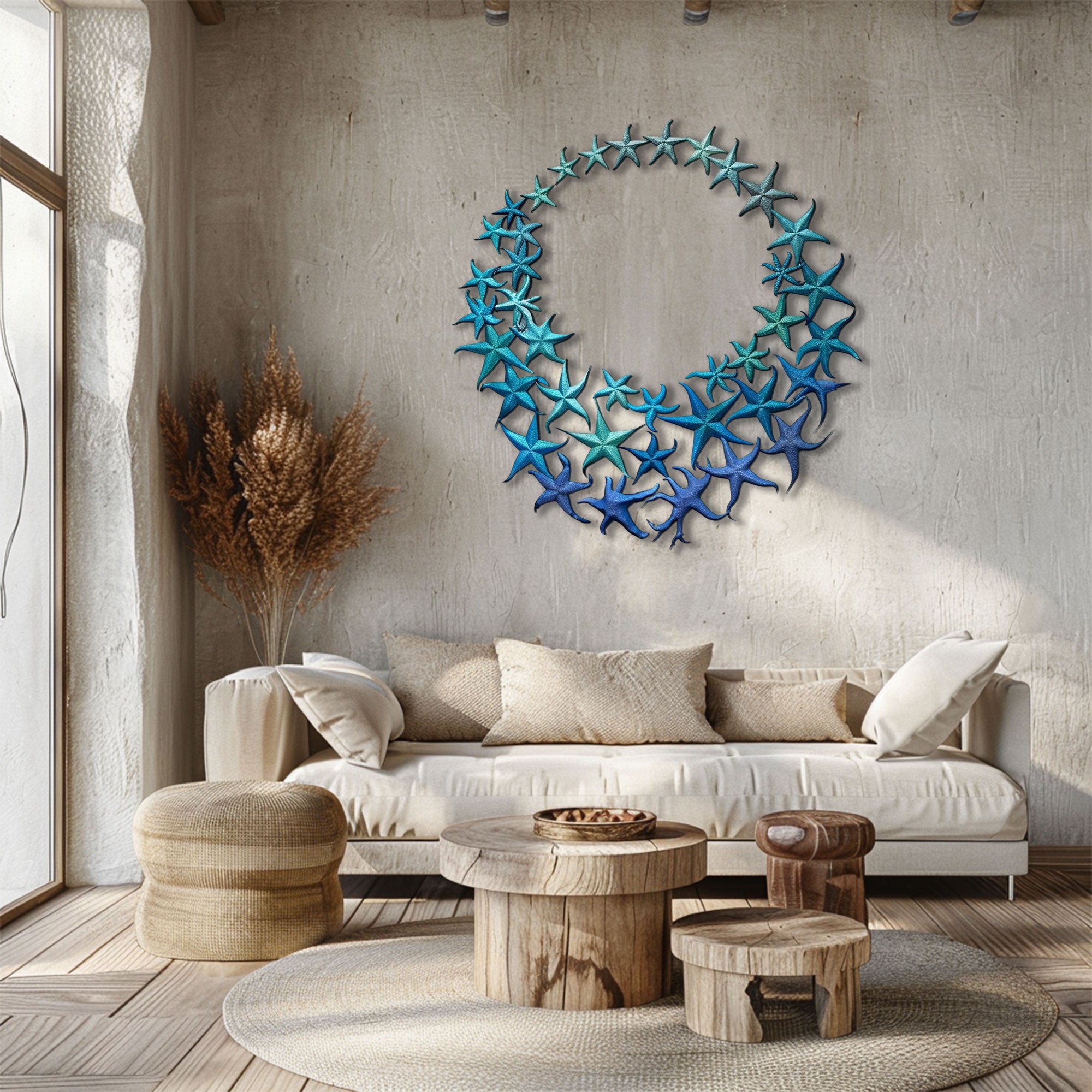 Deep Teal Gradient Starfish Wreath Metal Wall Art – 2D UV Printed Aluminum Modern Coastal Decor