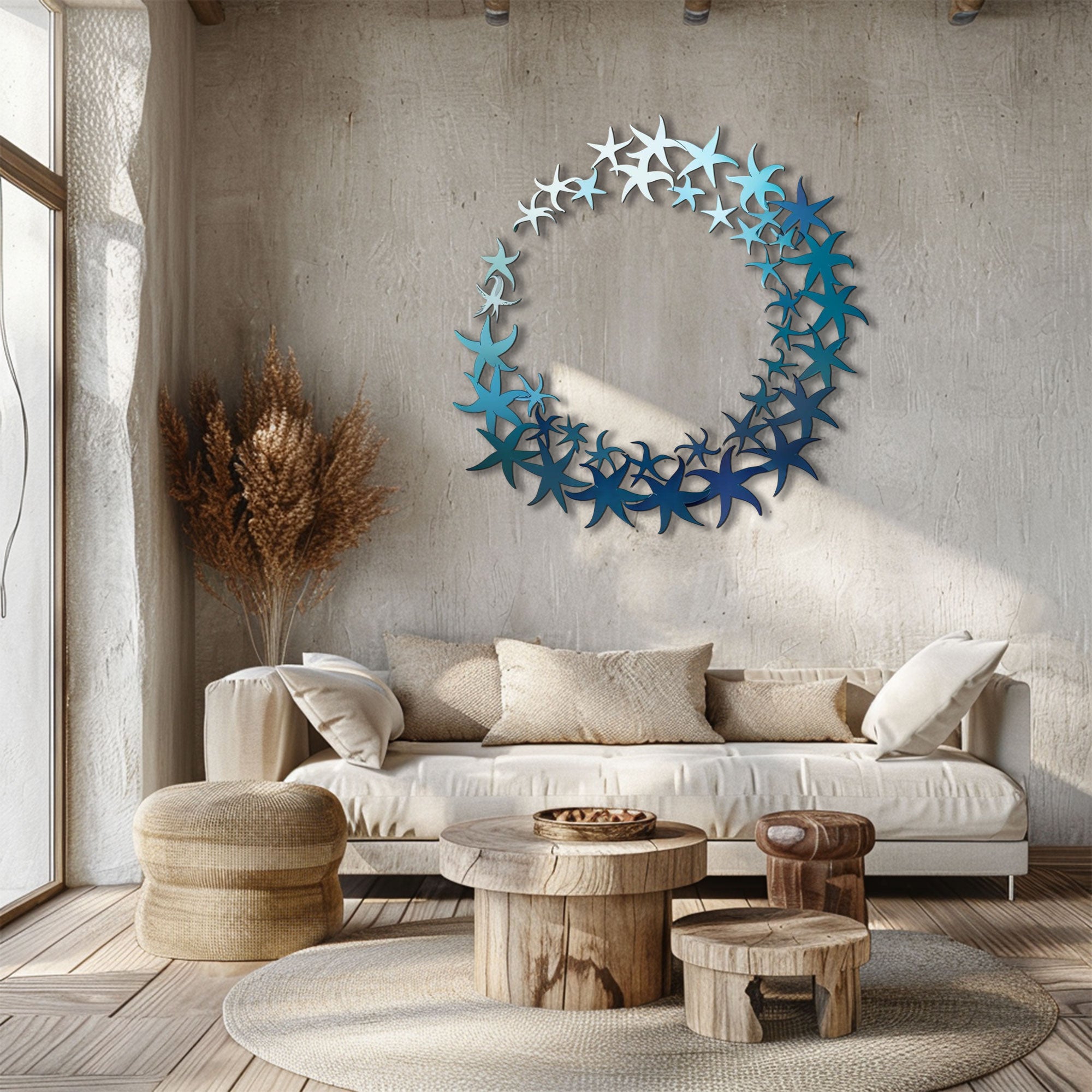 Azure Gradient Starfish Wreath Metal Wall Art – 2D UV Printed Aluminum Modern Coastal DecorAzure Gradient Starfish Wreath Metal Wall Art – 2D UV Printed Aluminum Modern Coastal Decor