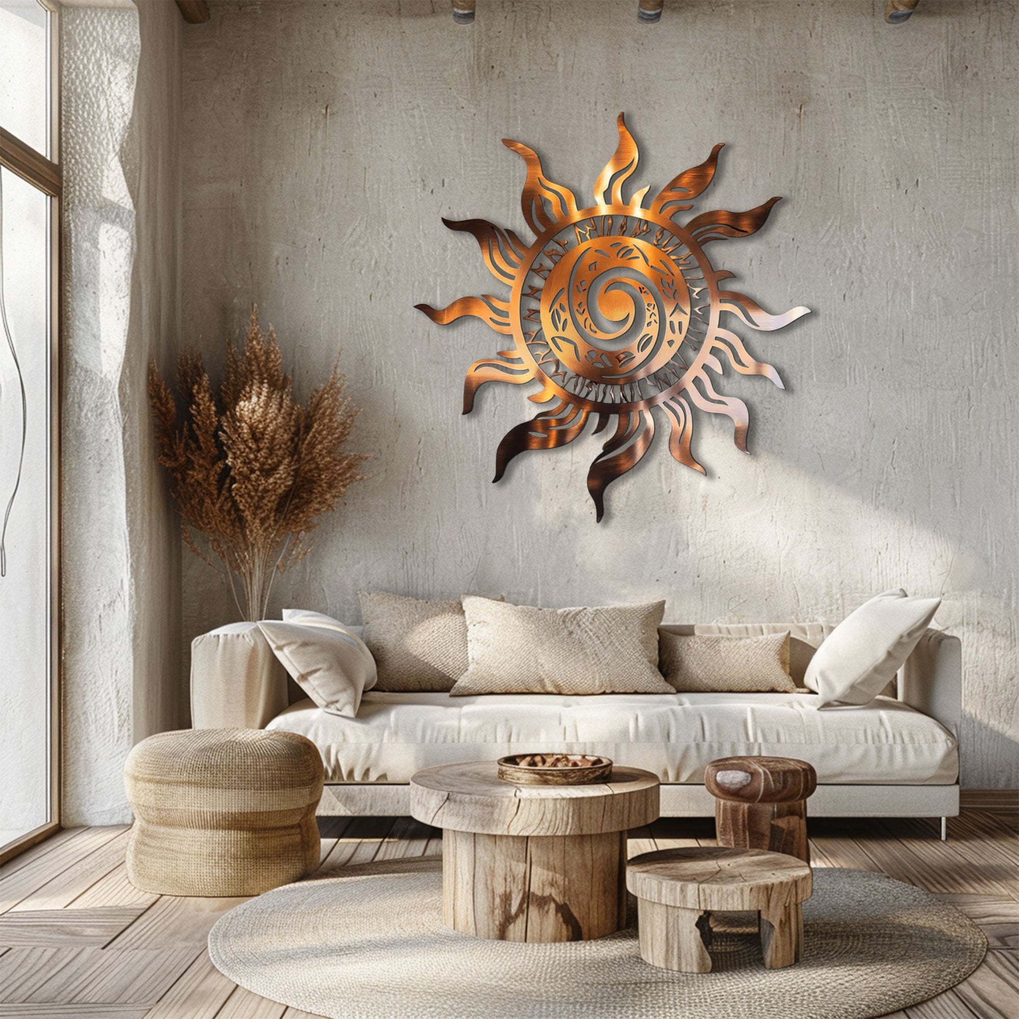 Copper Spiral Sun Metal Wall Art – 2D UV Printed Aluminum Boho Decor
