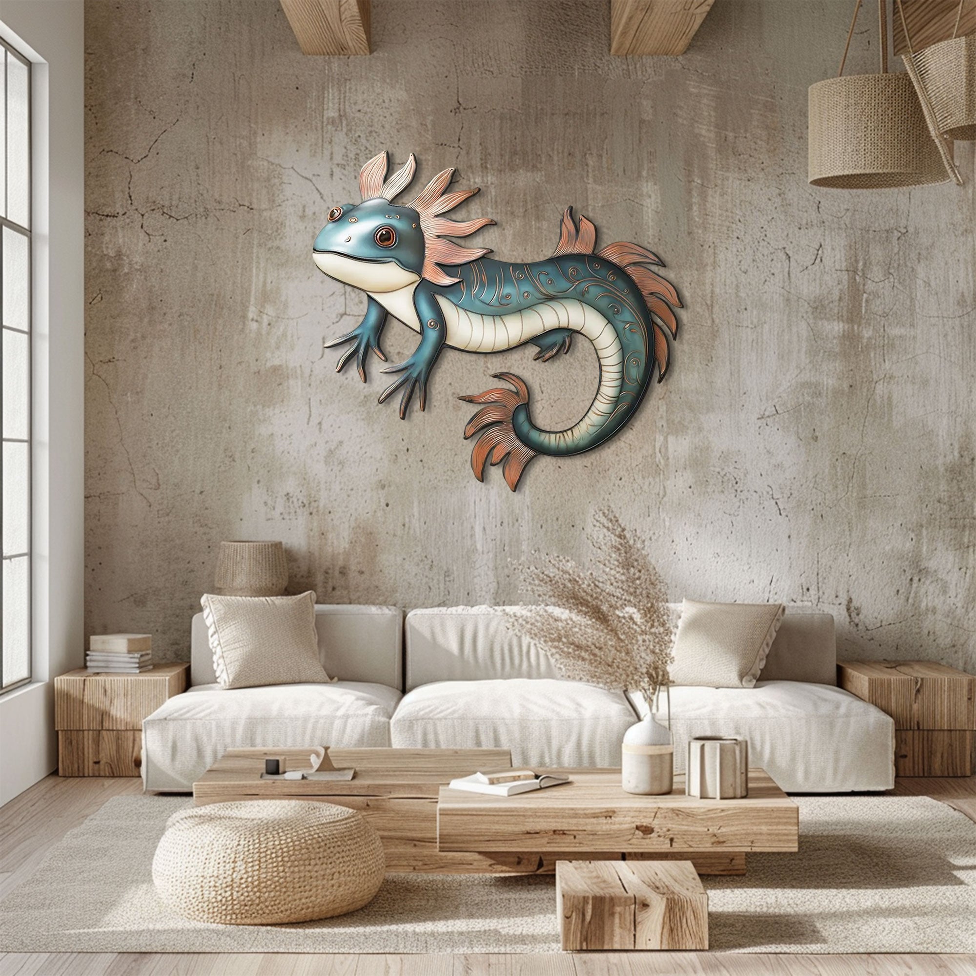 Teal Pink Axolotl Metal Wall Art – 2D UV Printed Aluminum Amphibian Decor