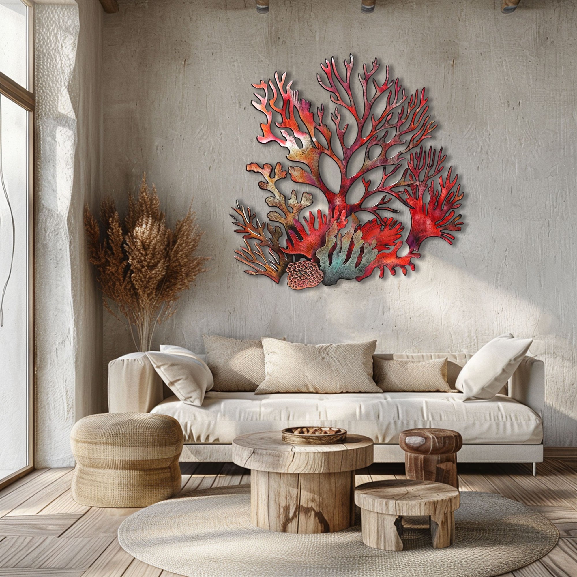 Vibrant Crimson Coral Reef Metal Wall Art – 2D UV Printed Aluminum Coastal Marine Decor