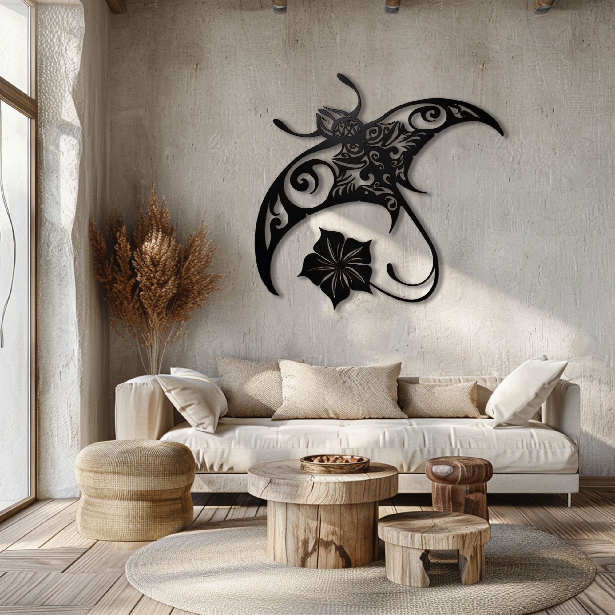 Tribal Manta Ray & Hibiscus Metal Wall Art – 2D UV Printed Polynesian Silhouette Decor
