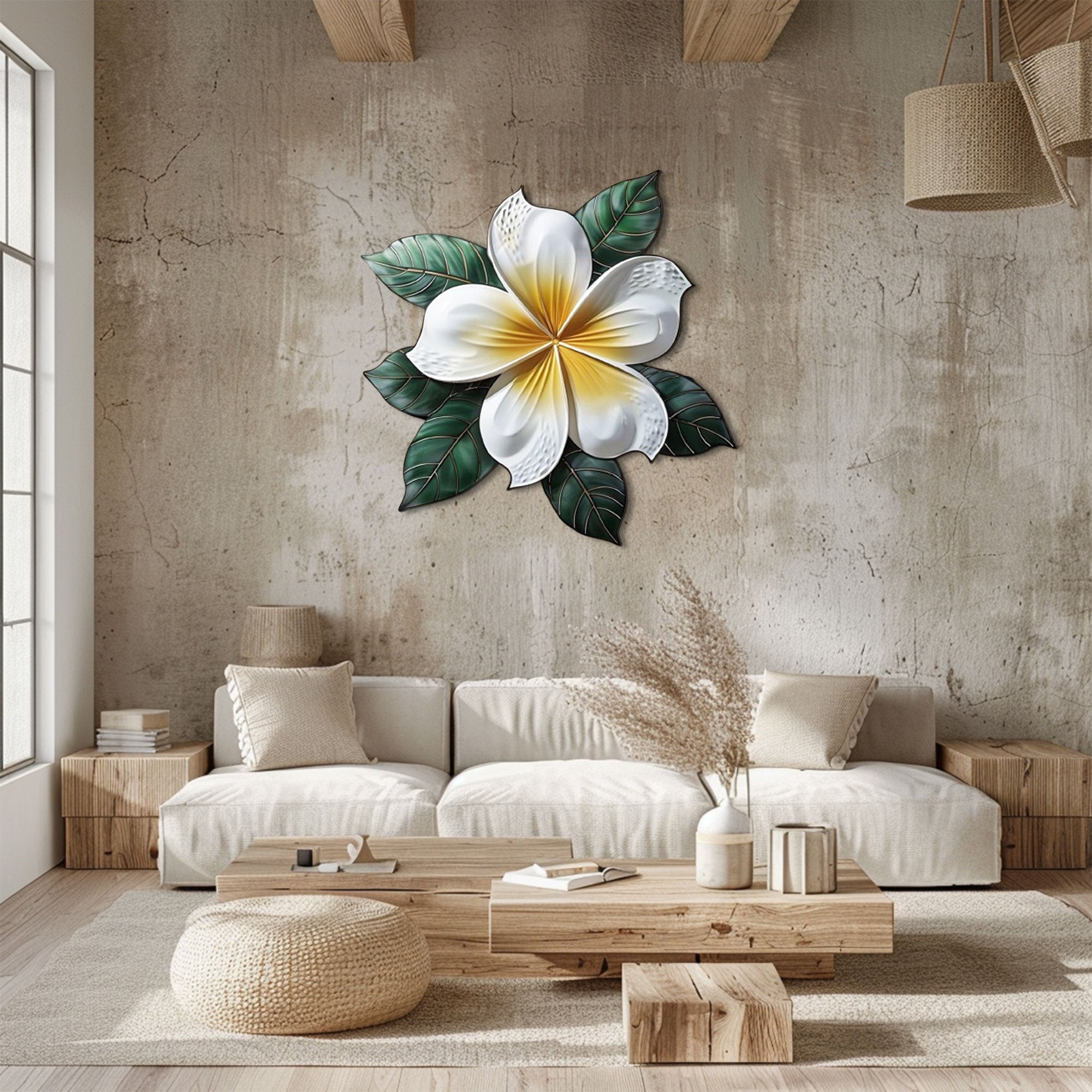 White Plumeria Flower Metal Wall Art – 2D UV Printed Aluminum Tropical Decor, Ver 1