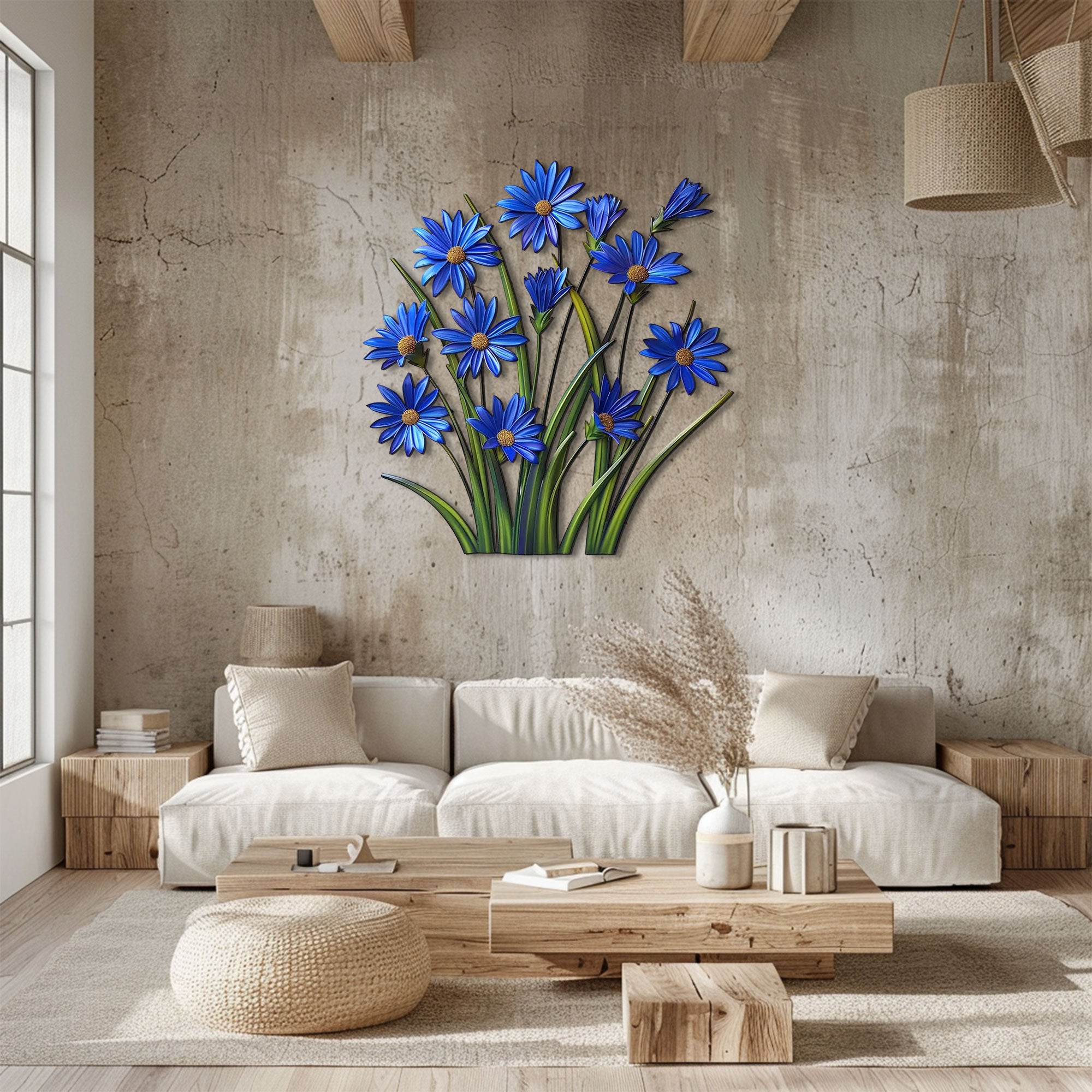 Sapphire Blue Daisy Meadow Metal Wall Art – 2D UV Printed Aluminum Vibrant Floral Decor