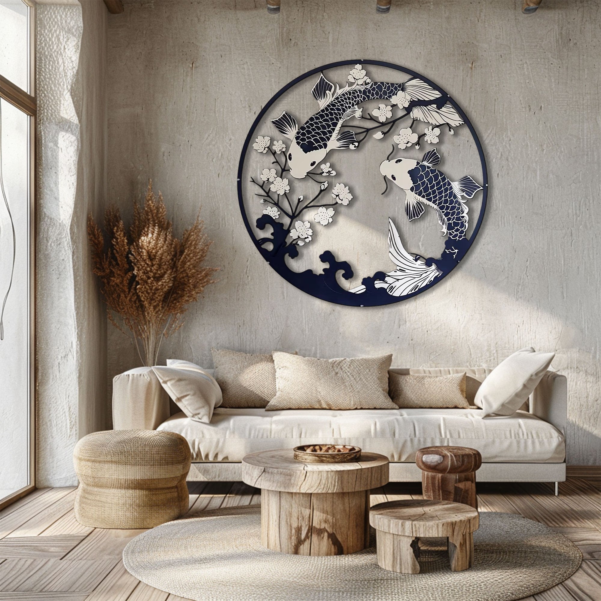 Blue White Koi Fish Circle Metal Wall Art – 2D UV Printed Aluminum Zen Decor