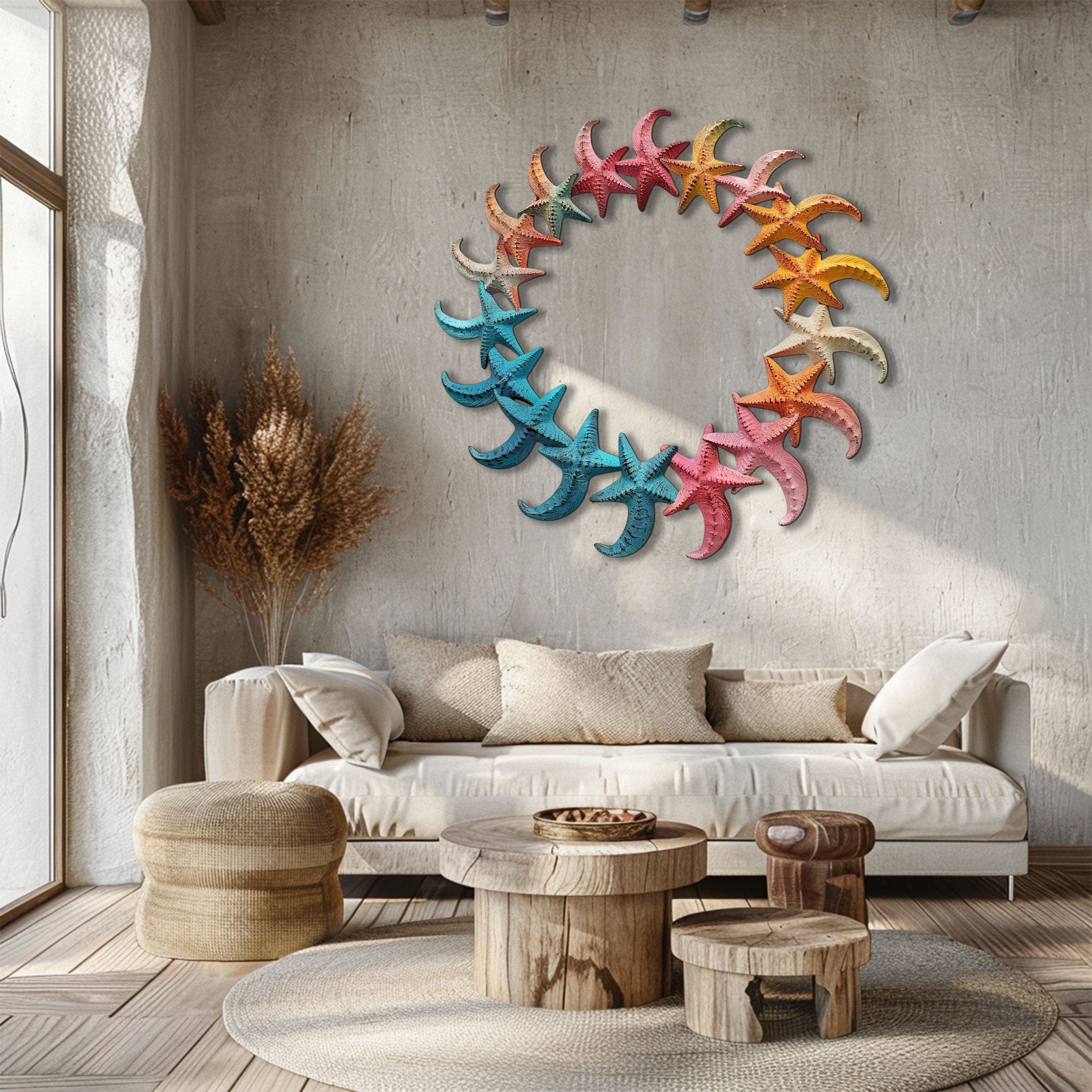 Sunset Gradient Starfish Wreath Metal Wall Art – 2D UV Printed Aluminum Coastal Symmetrical Decor