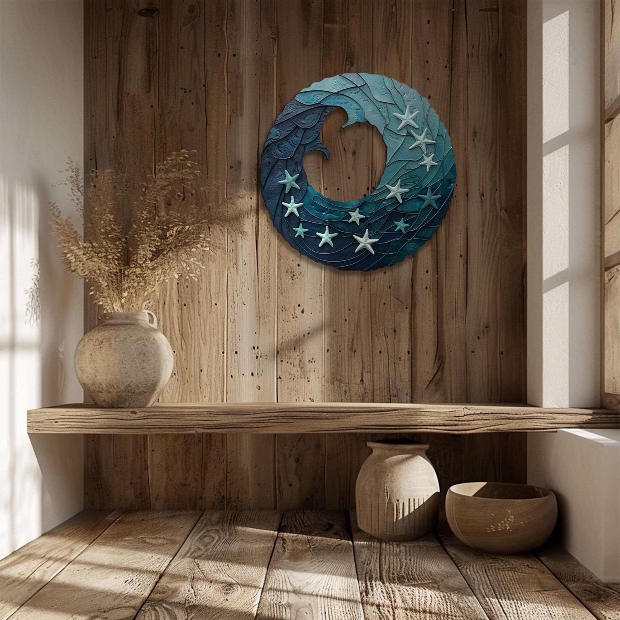 Ocean Wave & Starfish Circle Metal Wall Art – 2D UV Printed Aluminum Coastal Swirl Decor