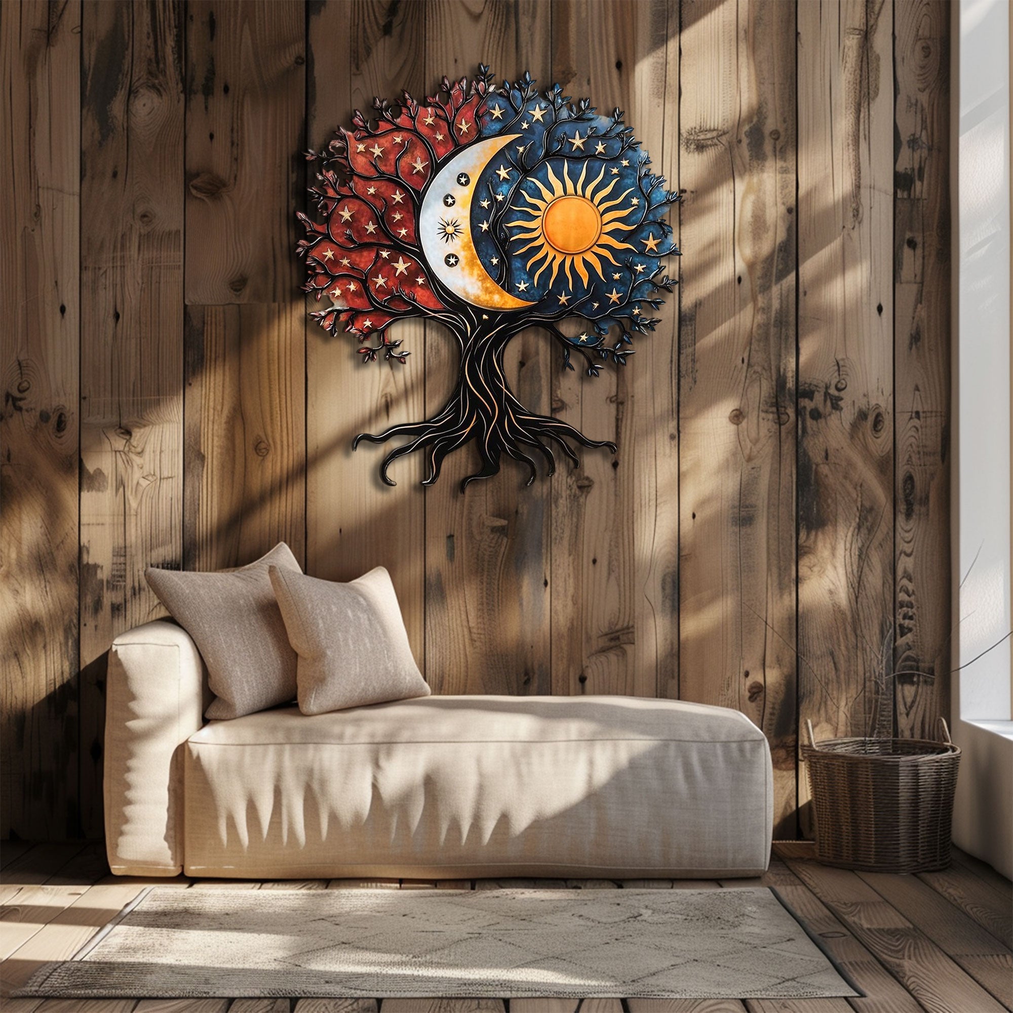 Celestial Tree of Life Metal Wall Art – 2D UV Printed Aluminum Sun Moon Stars Decor