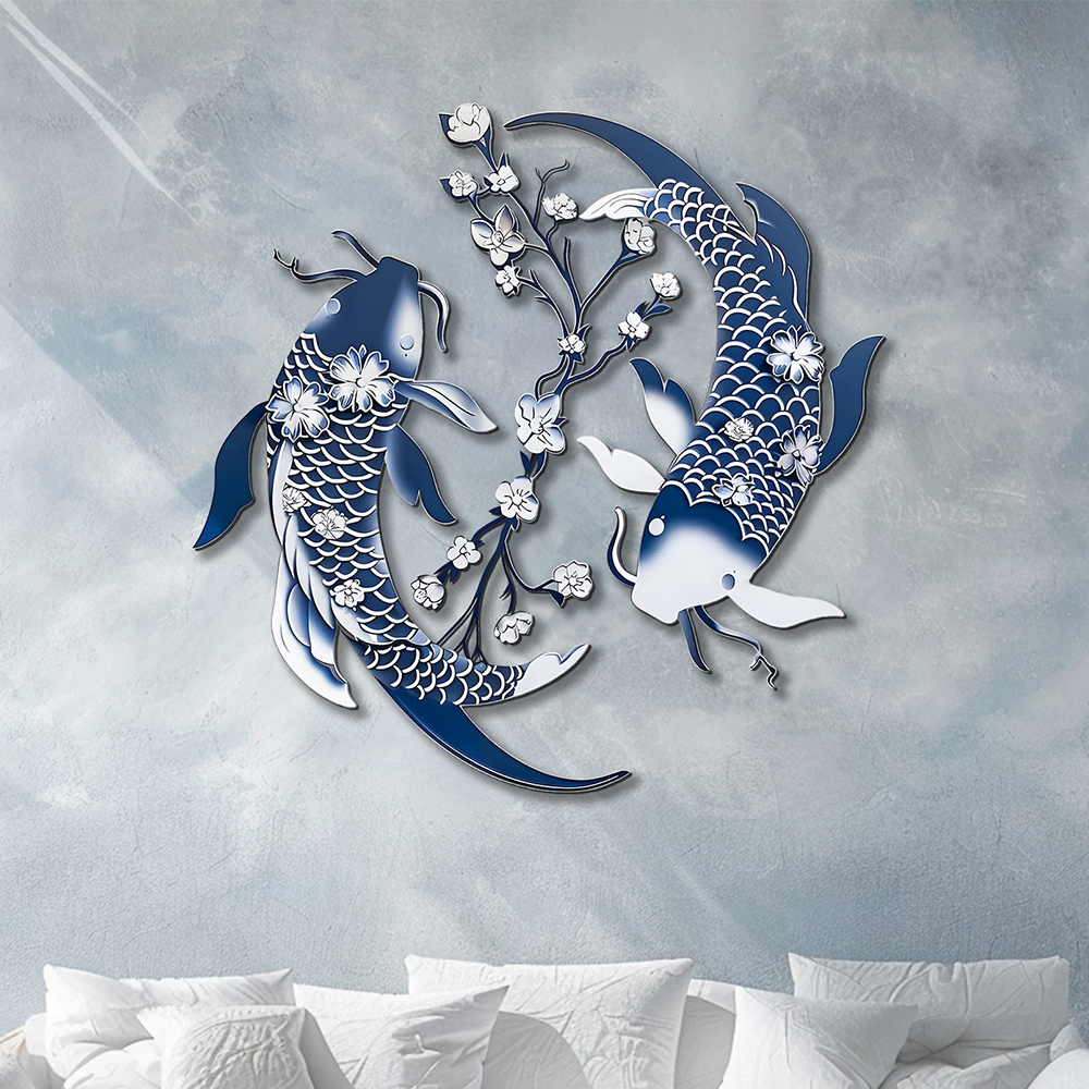 Blue Koi Fish Metal Wall Art – 2D UV Printed Aluminum Japanese Decor