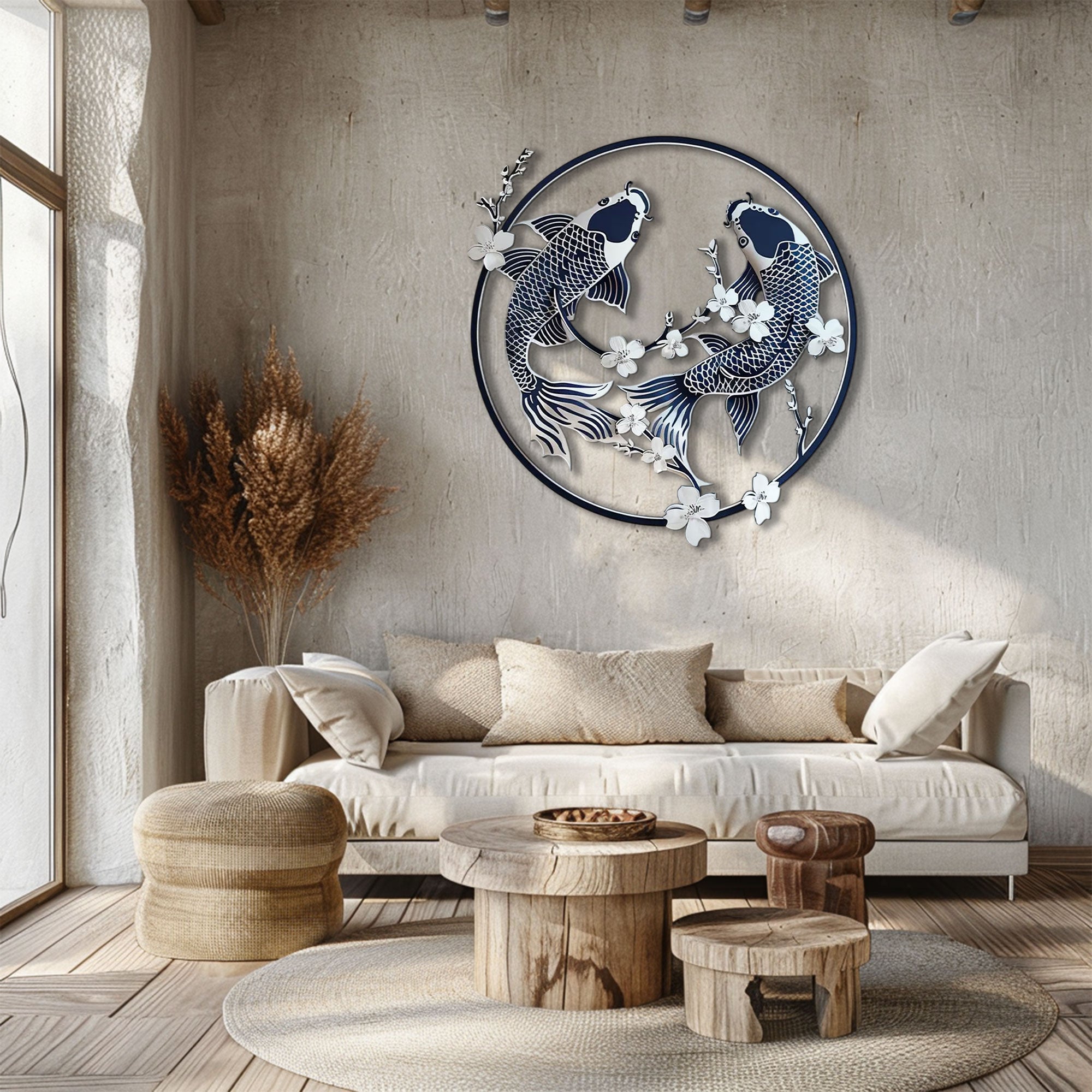 Blue White Koi Fish Blossom Metal Wall Art – 2D UV Printed Aluminum Zen Decor