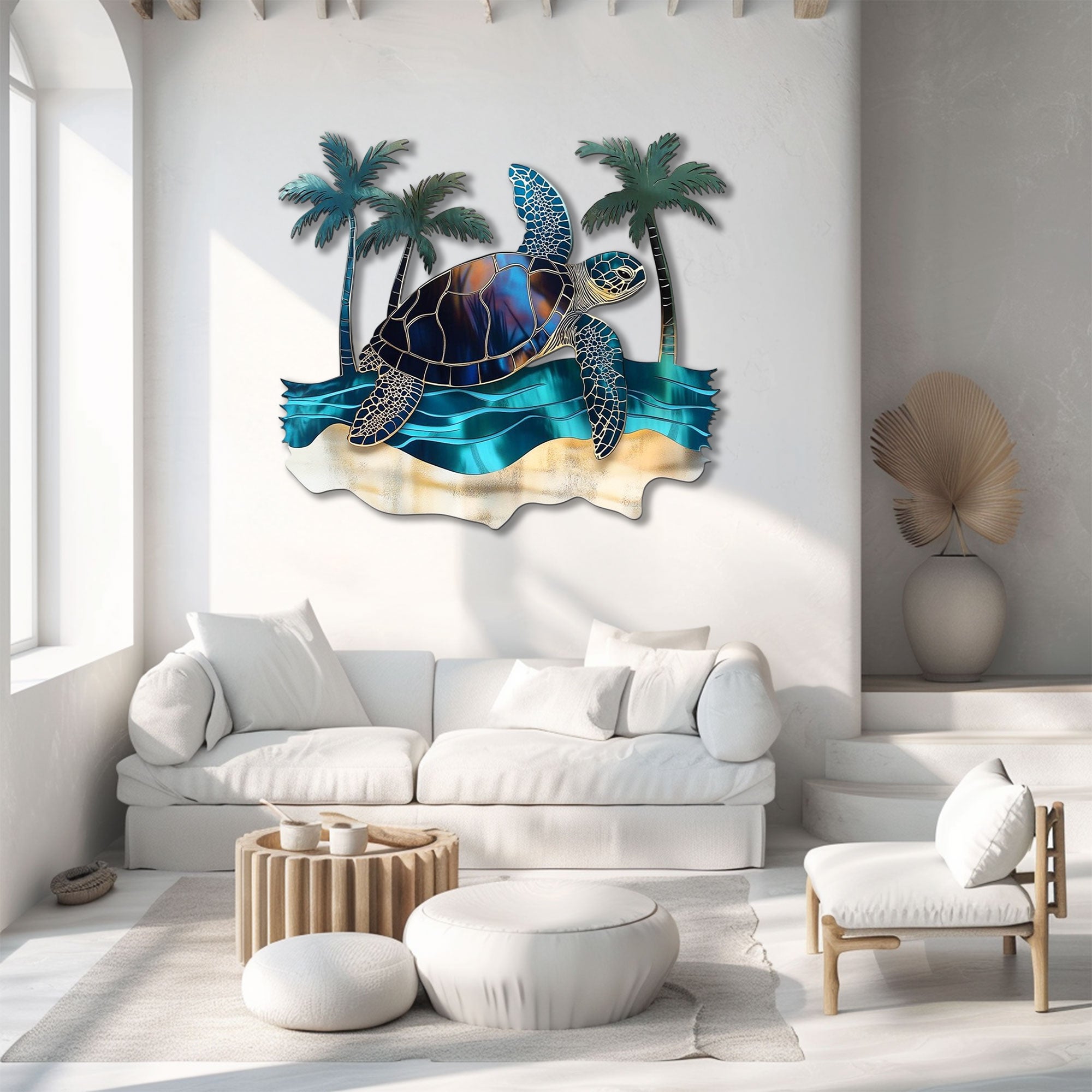 Tropical Sea Turtle & Palm Trees Metal Wall Art – 2D UV Printed Aluminum Coastal Beach Decor