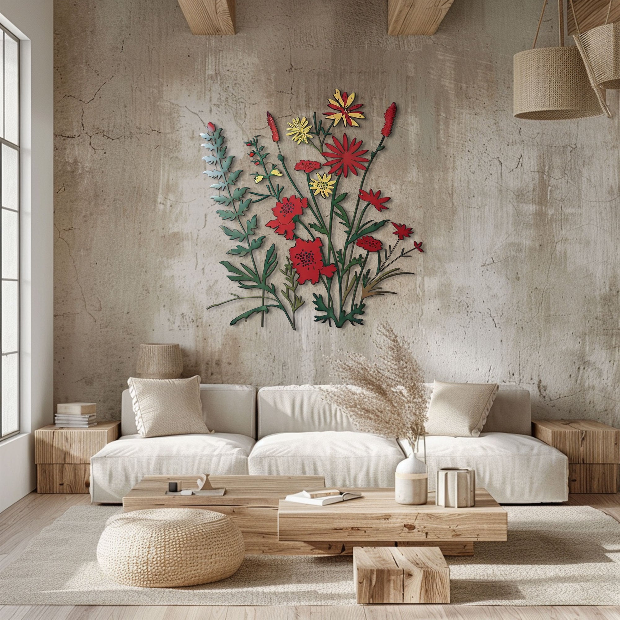 Rustic Crimson Wildflower Meadow Metal Wall Art – 2D UV Printed Aluminum Vintage Floral Decor