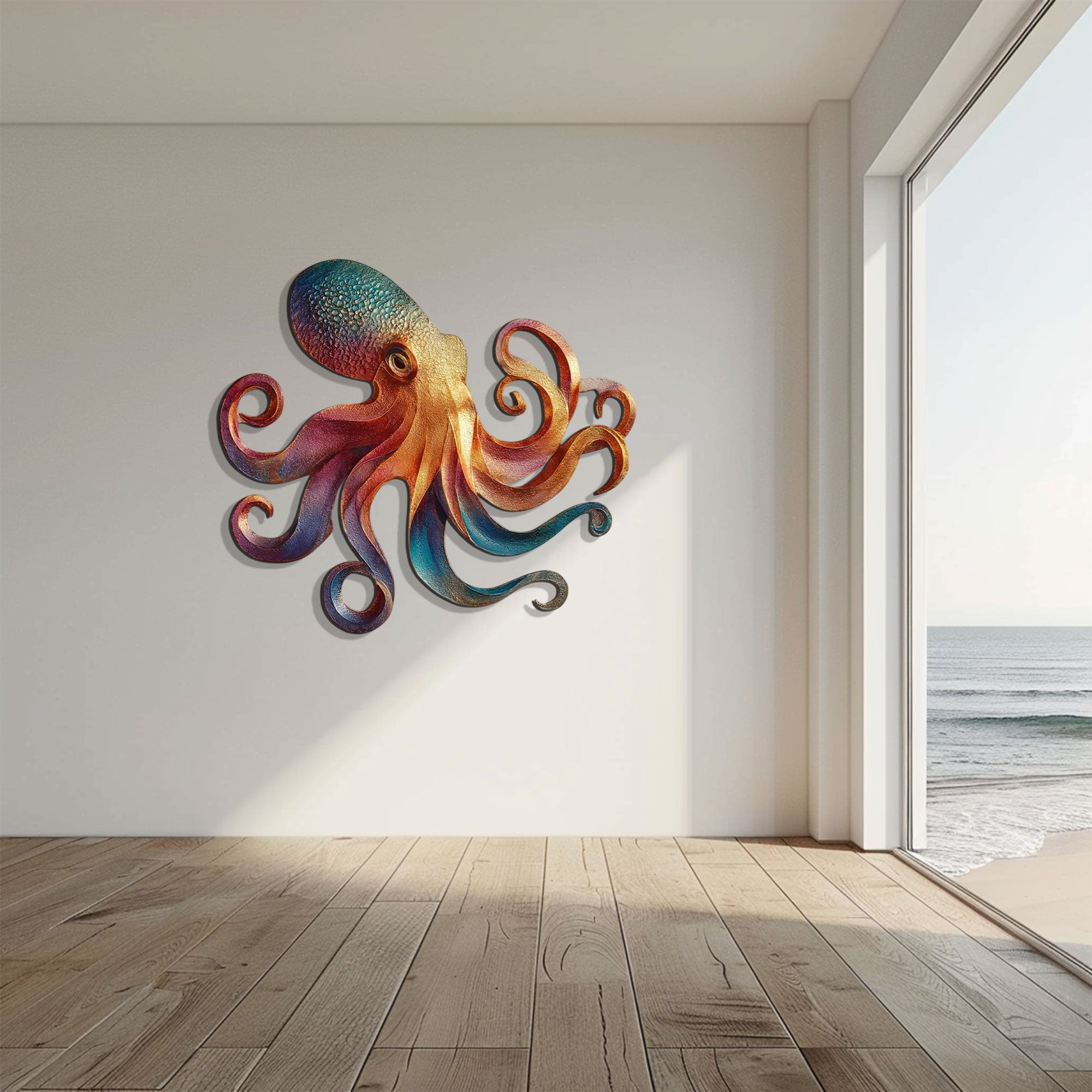 Warm Rainbow Octopus Metal Wall Art – 2D UV Printed Aluminum Coastal Decor
