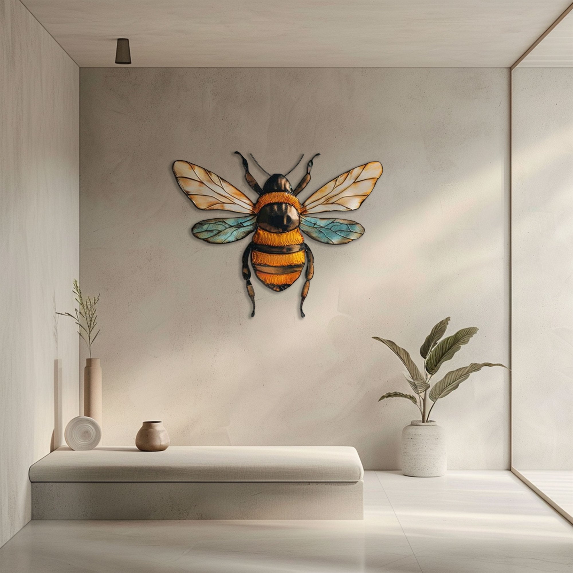 Blue Wing Bee Metal Wall Art – UV Printed Stainless Steel Nature Decor
