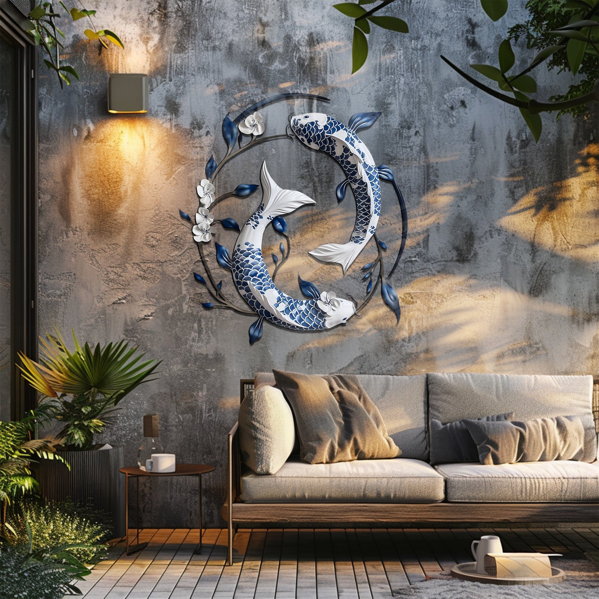 Blue White Koi Fish Metal Wall Art – 2D UV Printed Aluminum Zen Decor