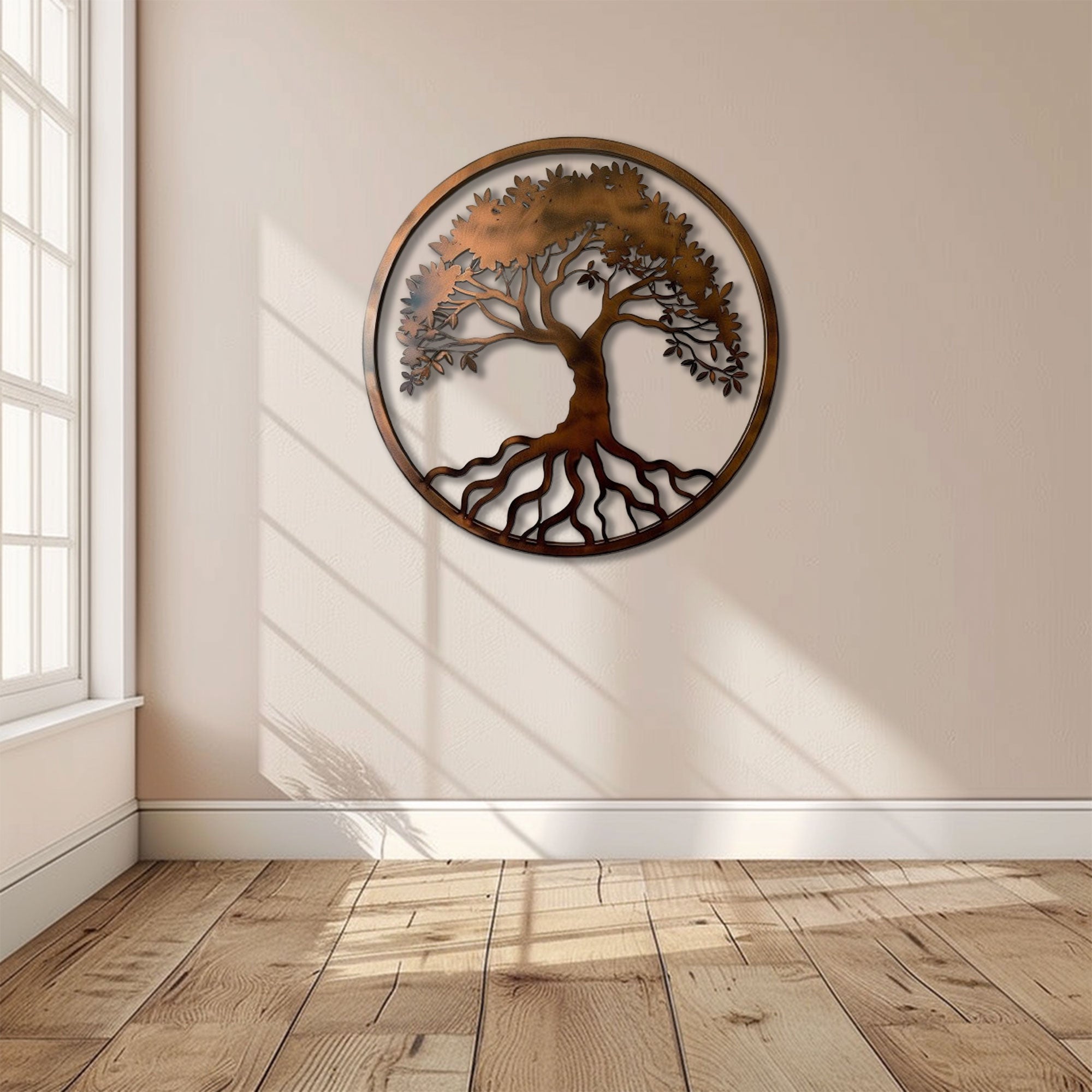Bronze Round Tree of Life Metal Wall Art – 2D UV Printed Aluminum Nature Decor