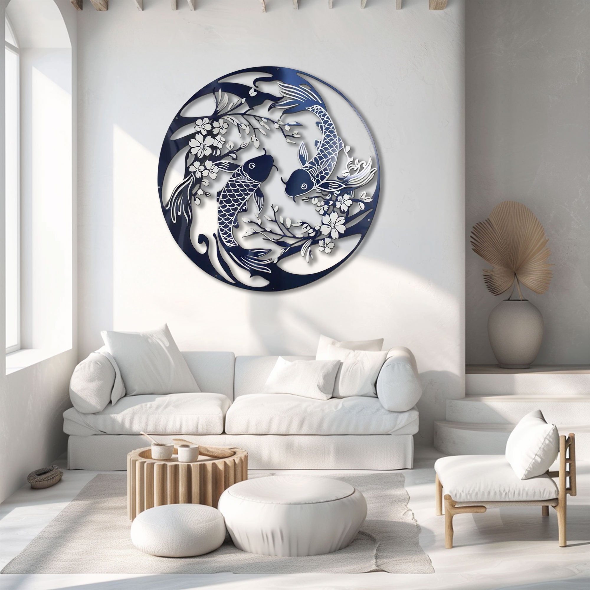Two Koi Fish Circle Metal Wall Art – 2D UV Printed Aluminum Japanese Decor