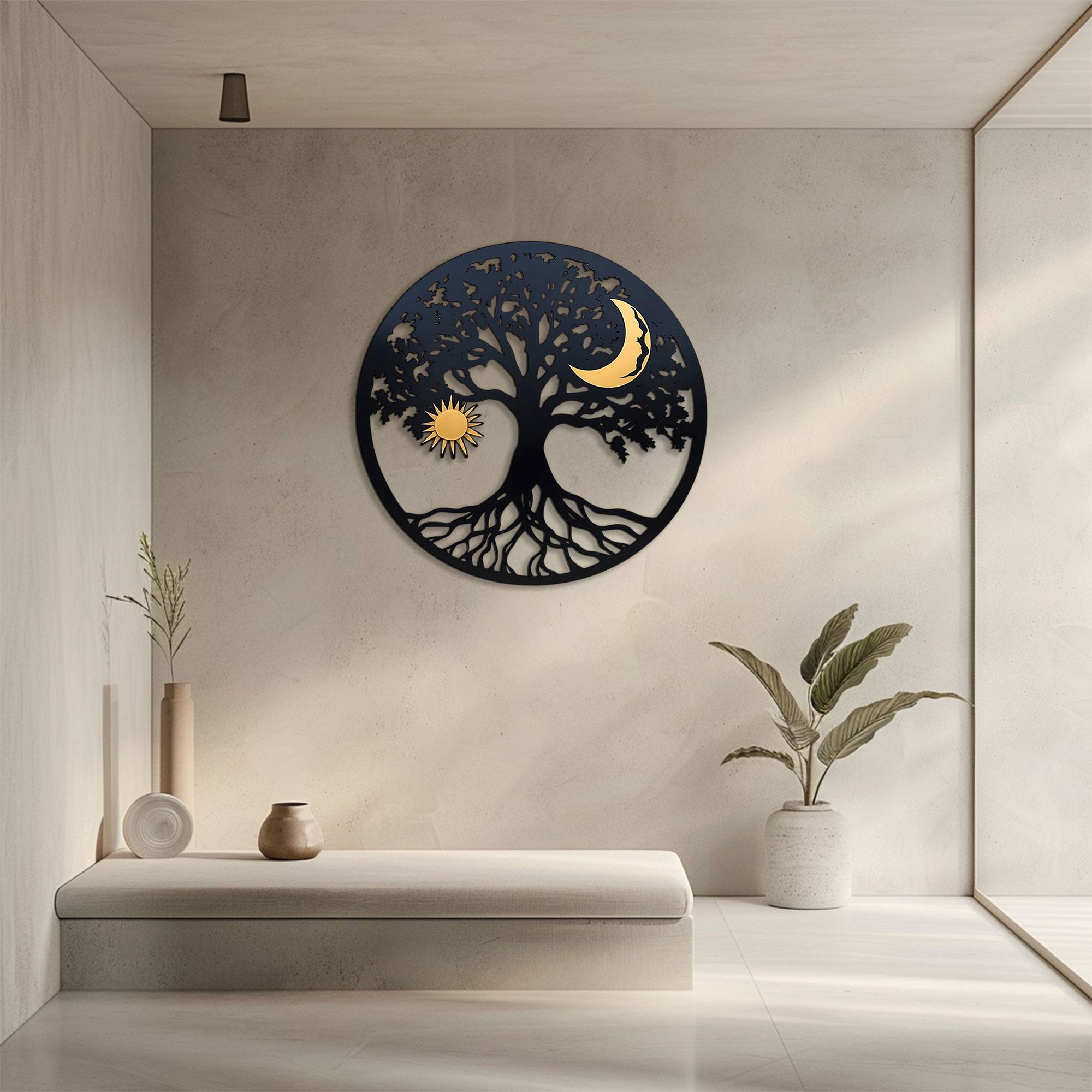 Oval Sun Moon Tree of Life Metal Wall Art – 2D UV Printed Aluminum Celestial Decor