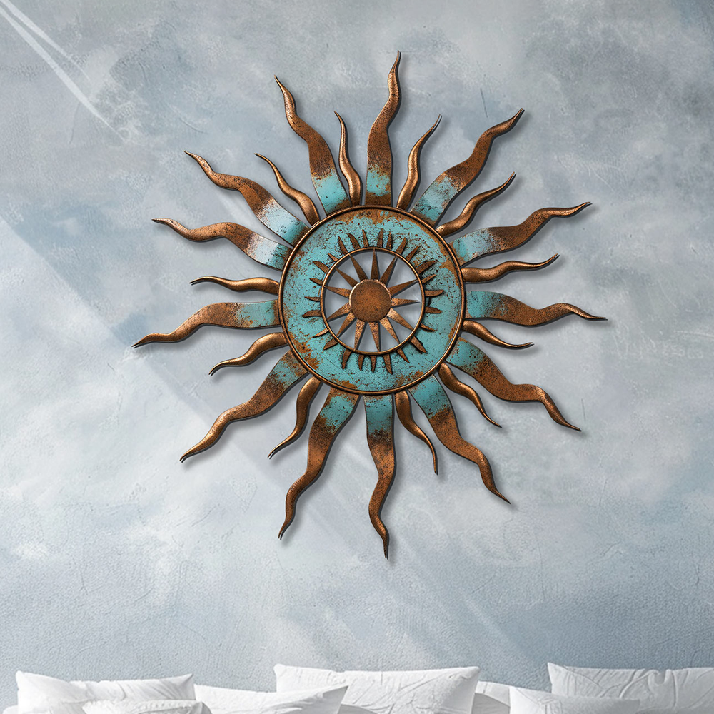 Turquoise Compass Sun Metal Wall Art – 2D UV Printed Aluminum Patio Decor