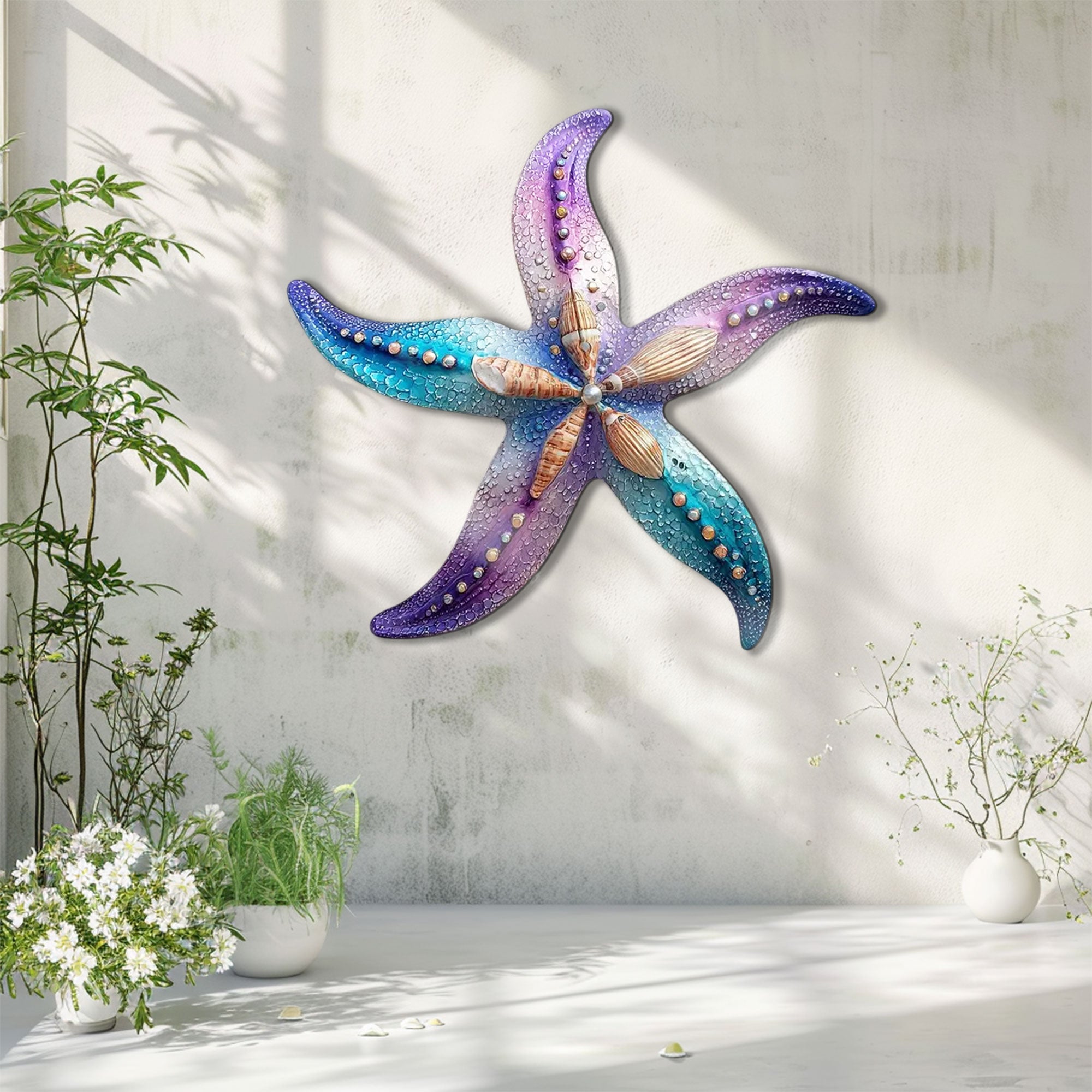 Purple Blue Starfish Metal Wall Art – 2D UV Printed Aluminum Coastal Decor