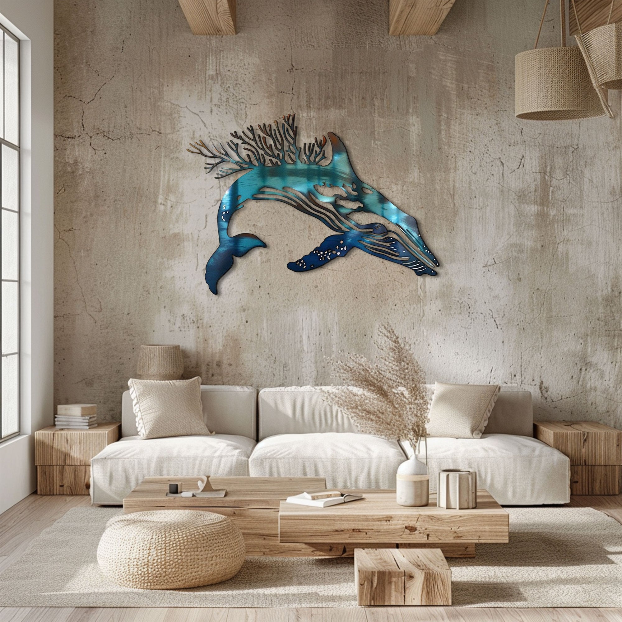 Blue Coral Whale Metal Wall Art – 2D UV Printed Aluminum Coastal Decor