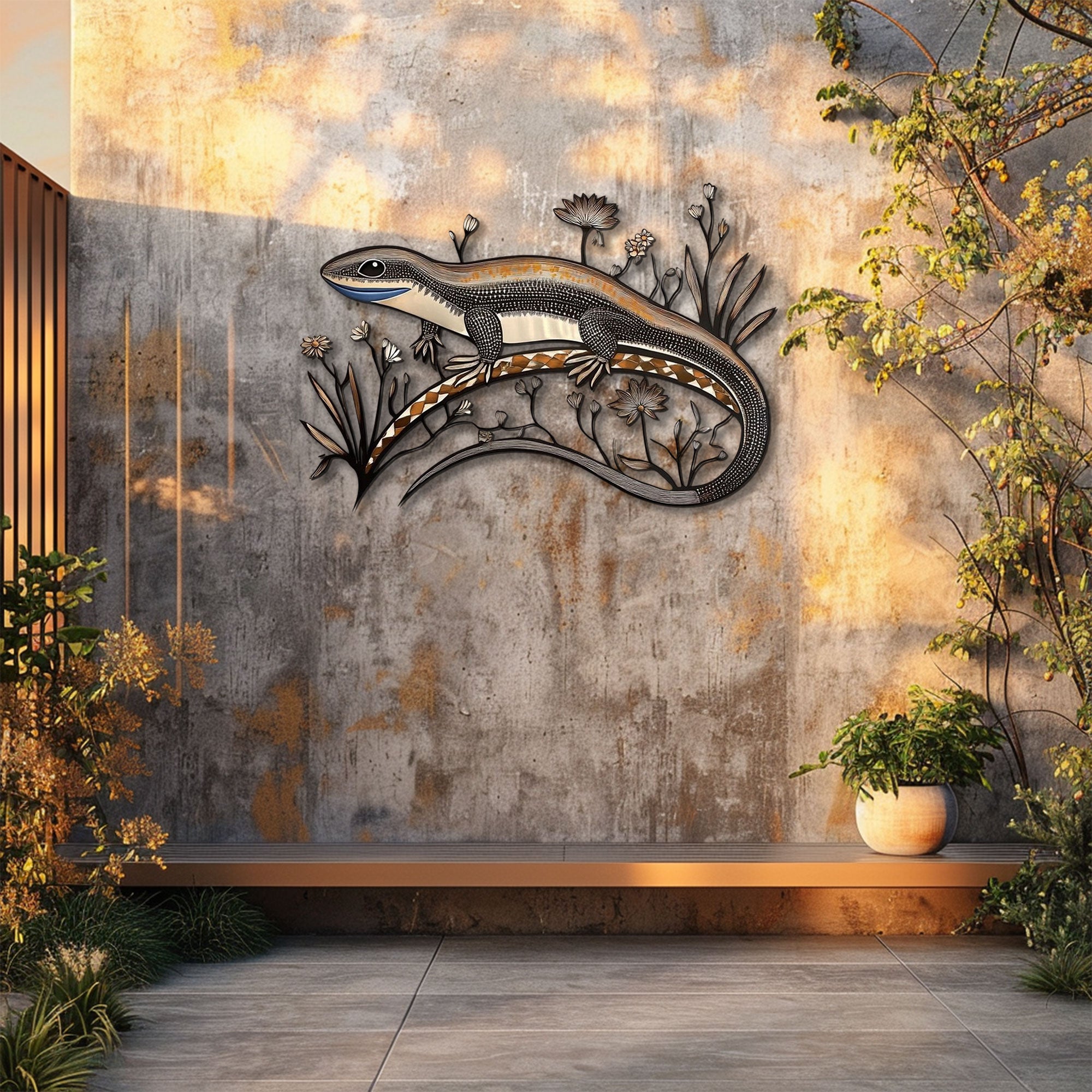Blue Tongue Skink Floral Metal Wall Art – 2D UV Printed Aluminum Reptile Decor