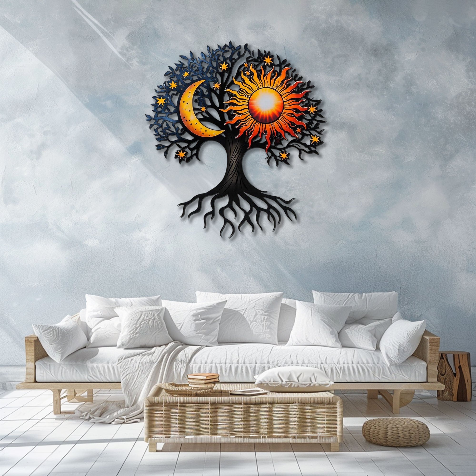 Sun Moon Tree of Life Metal Wall Art – 2D UV Printed Aluminum Celestial Decor