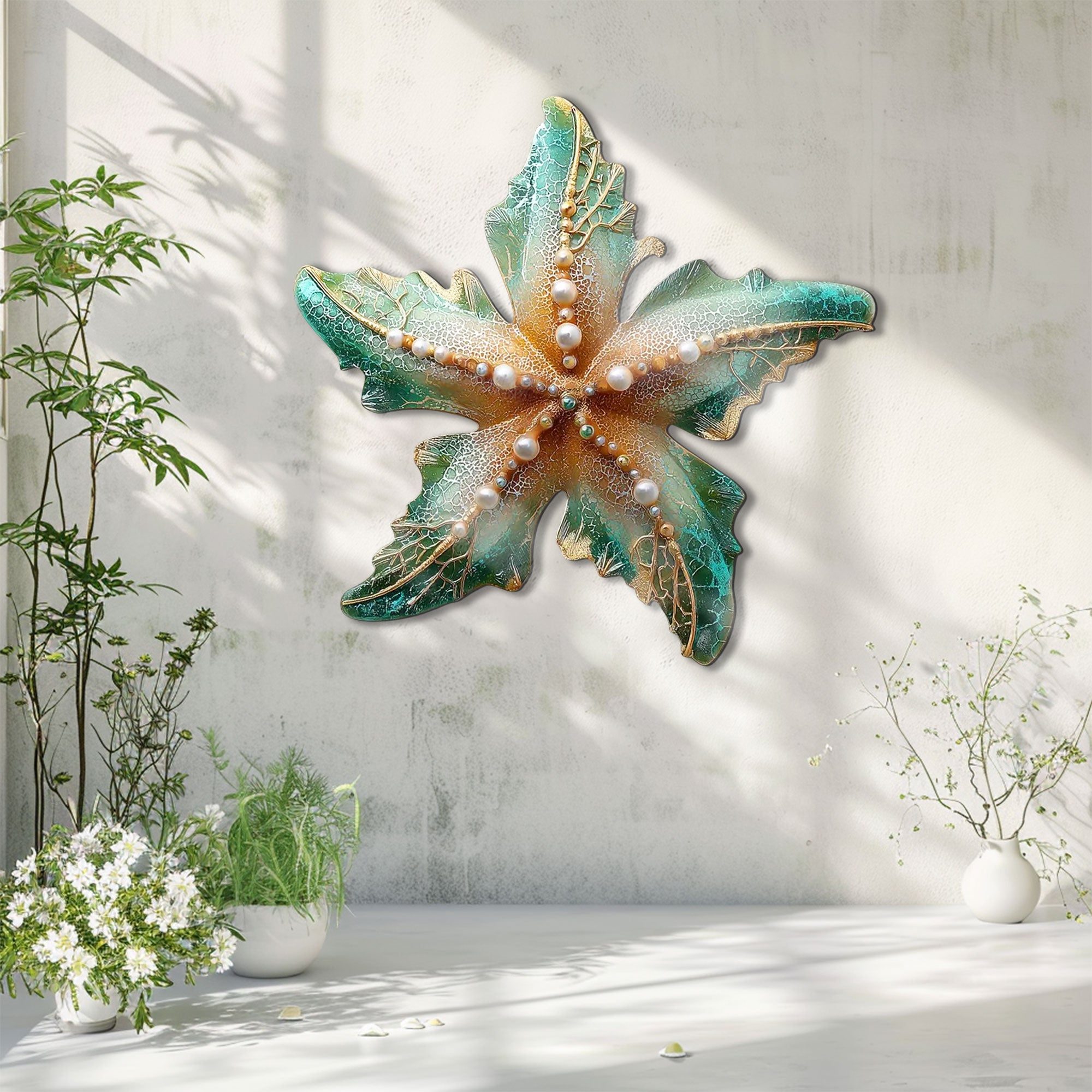 Green Gold Starfish Metal Wall Art – 2D UV Printed Aluminum Coastal Decor