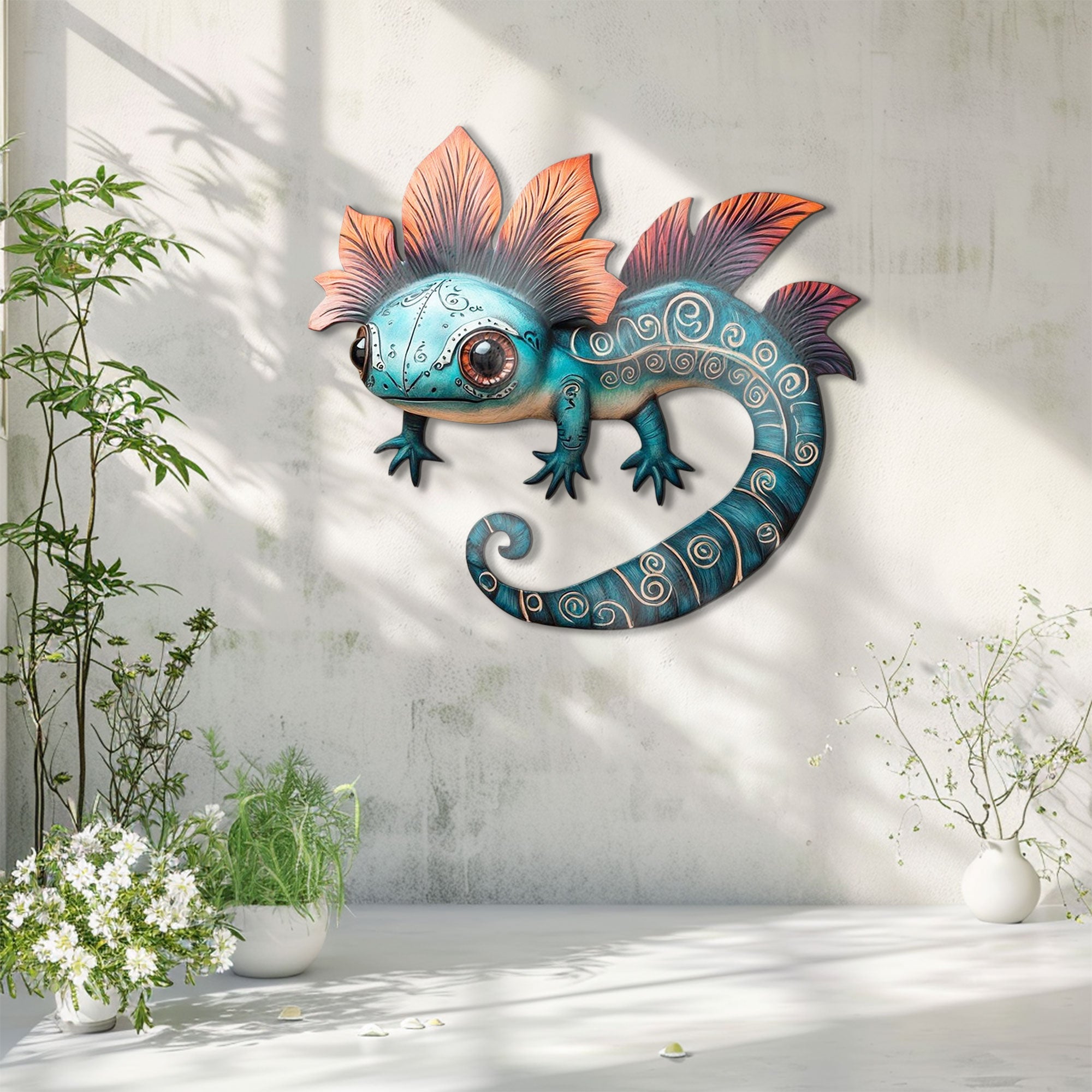 Turquoise Orange Axolotl Metal Wall Art – 2D UV Printed Aluminum Amphibian Decor