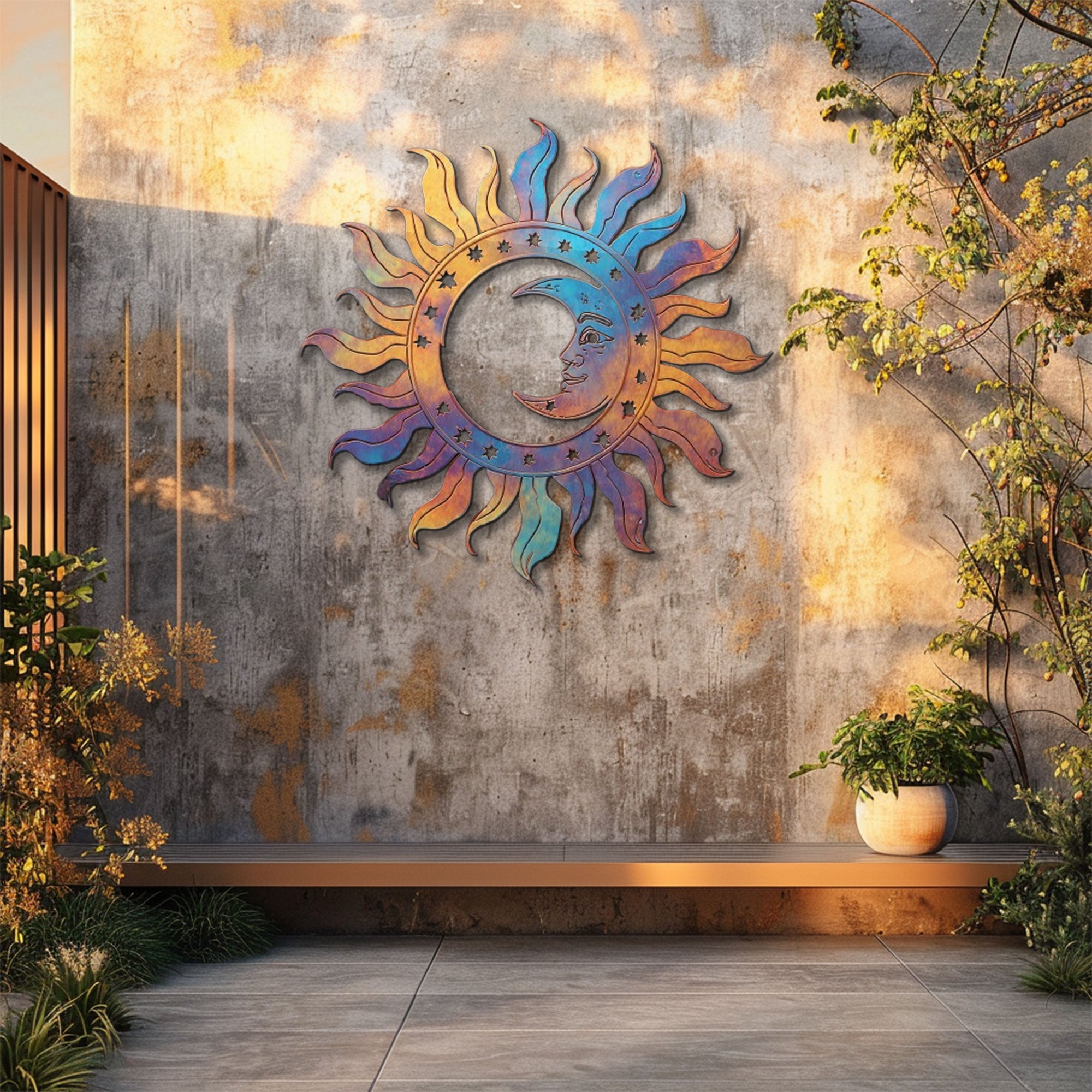 Rainbow Sun Moon Metal Wall Art – 2D UV Printed Aluminum Boho Decor