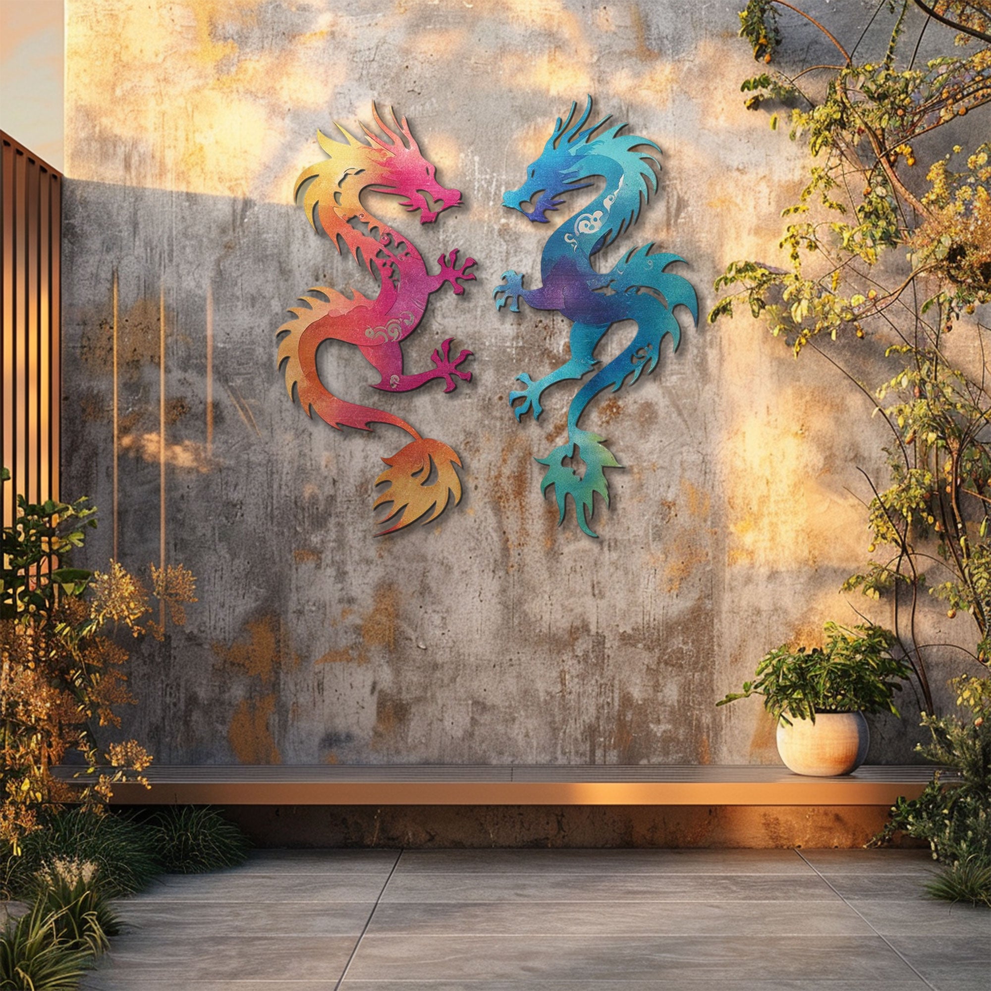 Rainbow Dragon Set Metal Wall Art – 2D UV Printed Aluminum Fantasy Decor