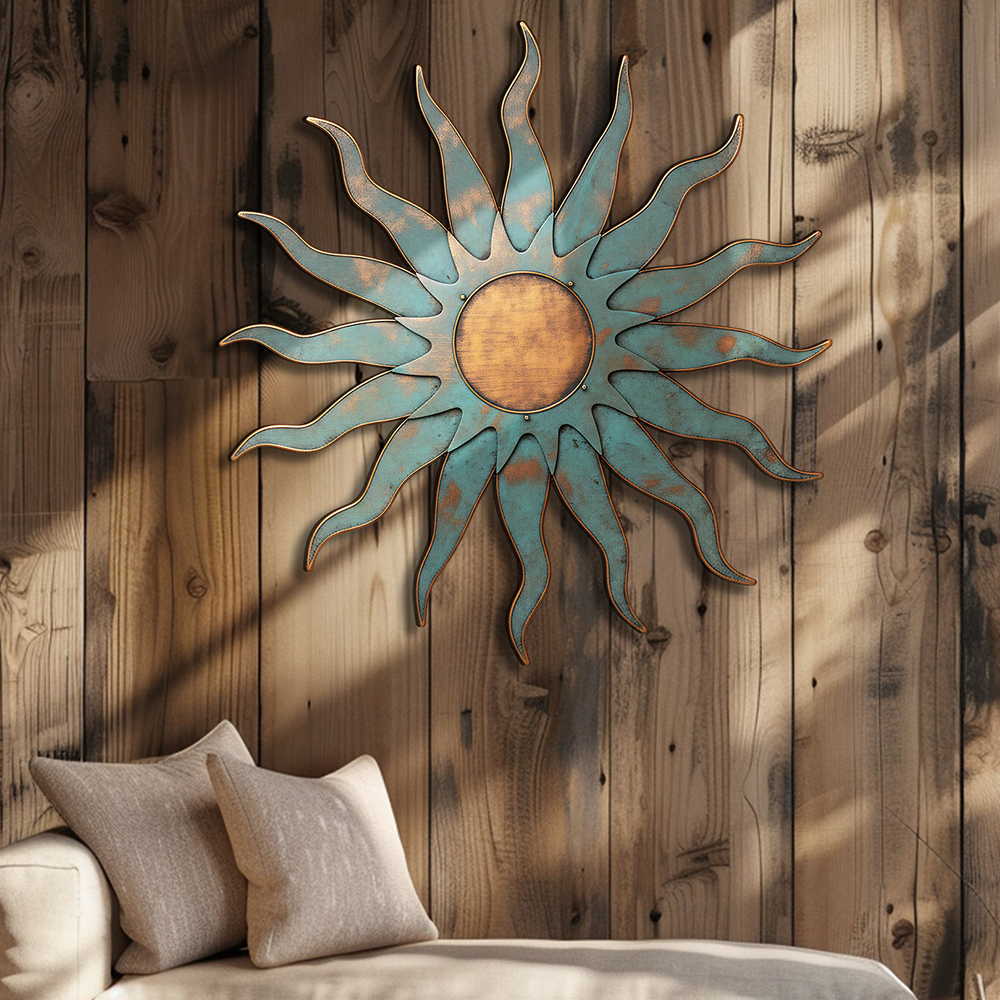 Turquoise Flame Sun Metal Wall Art – 2D UV Printed Aluminum Patio Decor