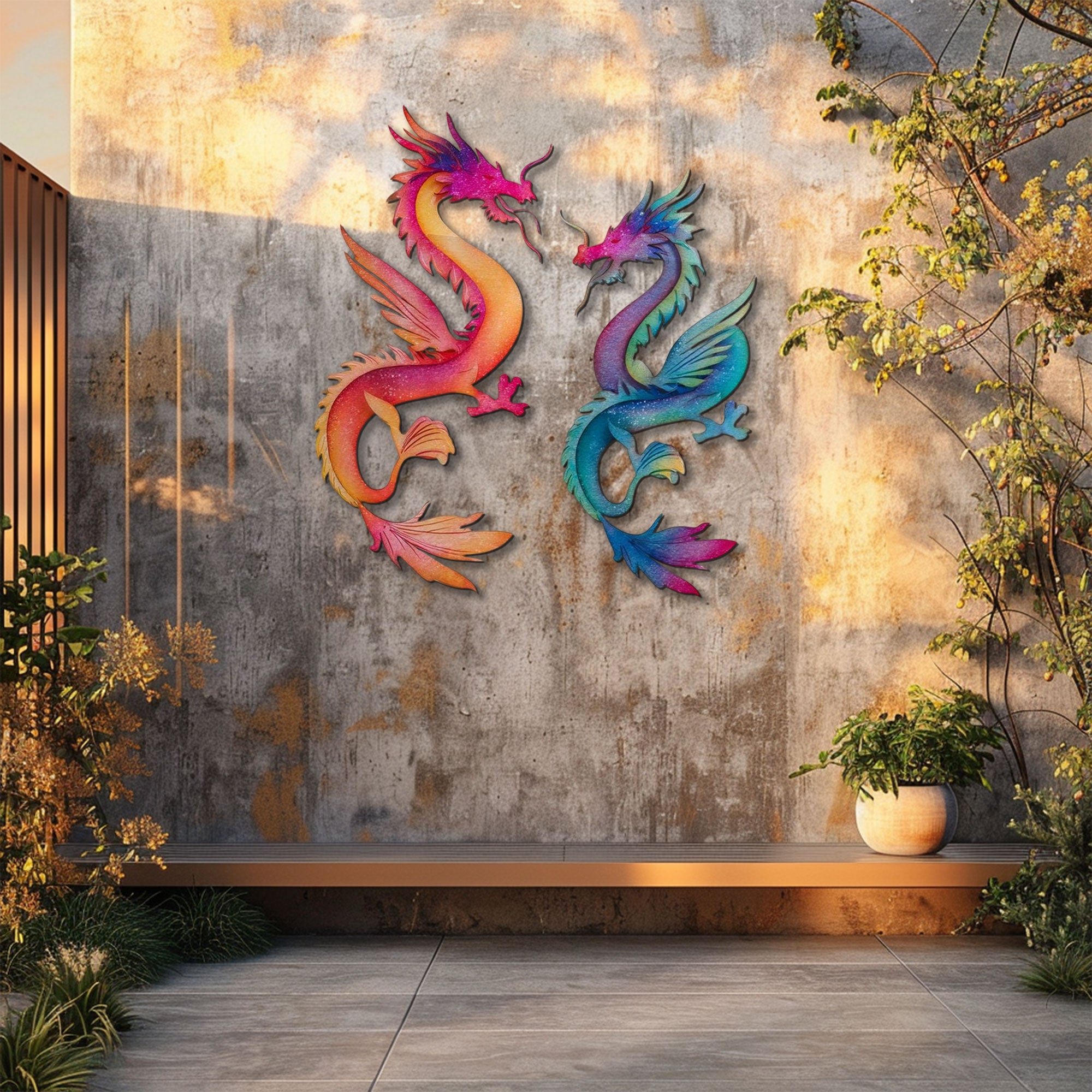Rainbow Dragon Pair Metal Wall Art – 2D UV Printed Aluminum Fantasy Decor