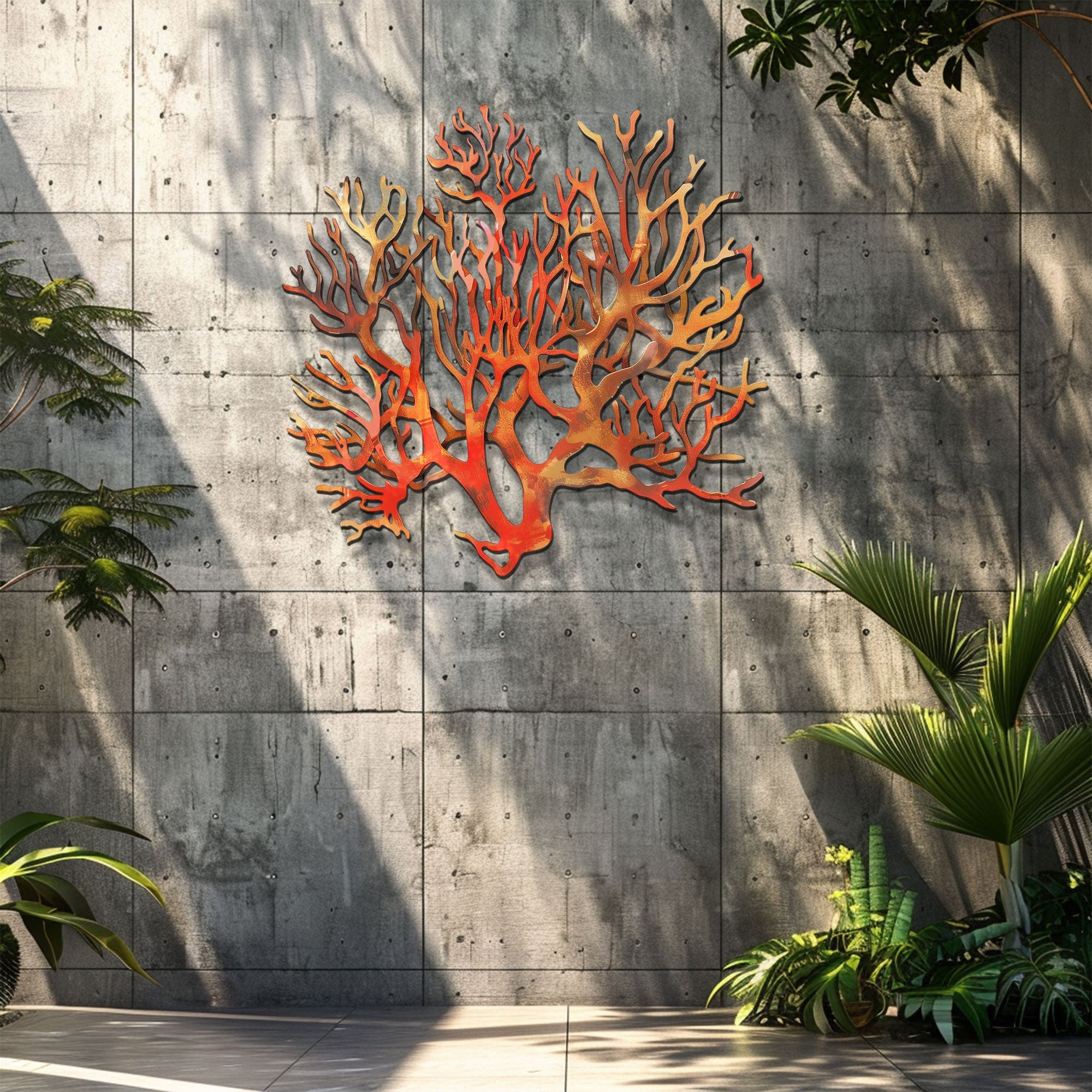 Orange Coral Branch Metal Wall Art – 2D UV Printed Aluminum Coastal Decor
