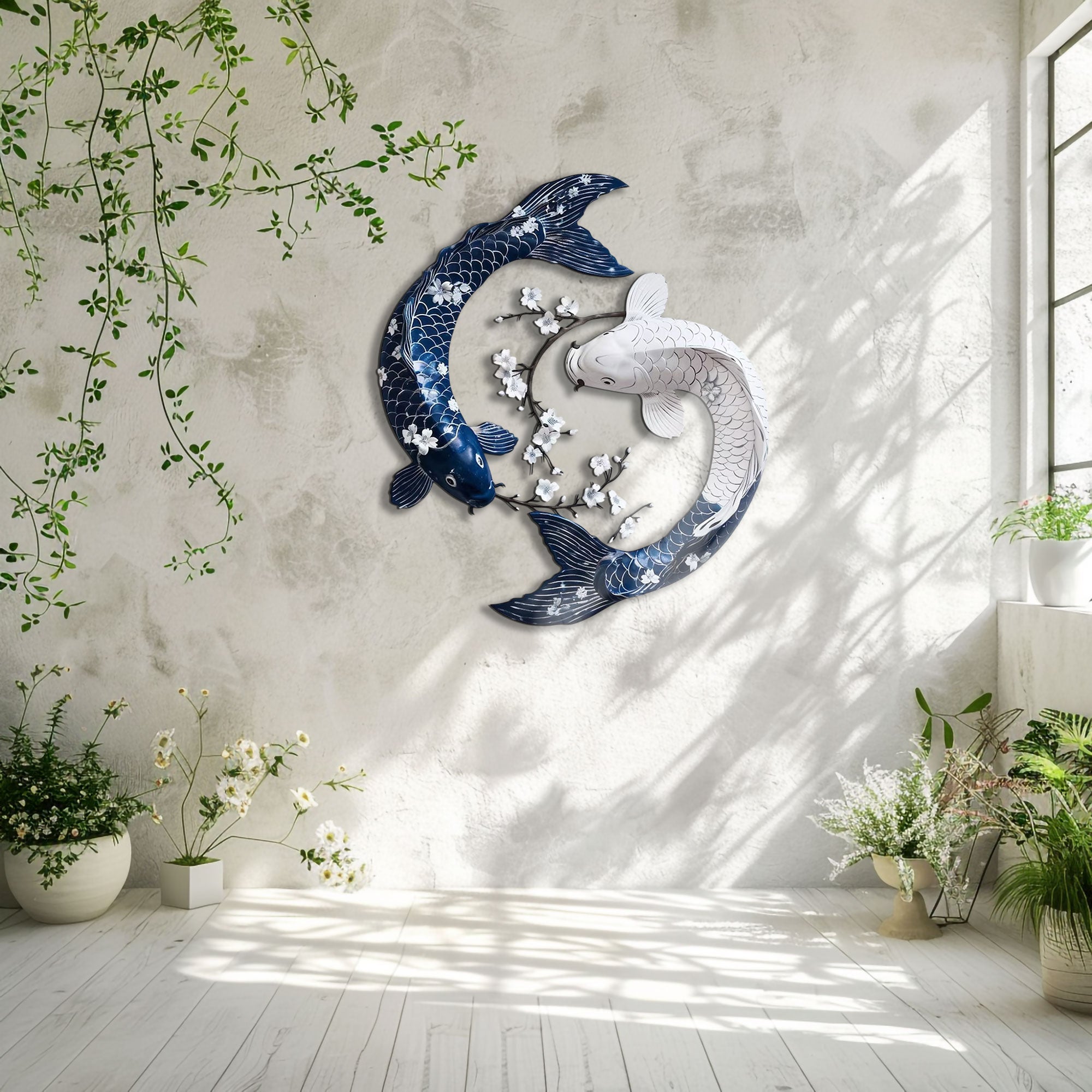 Blue White Koi Fish Metal Wall Art – 2D UV Printed Aluminum Asian Decor