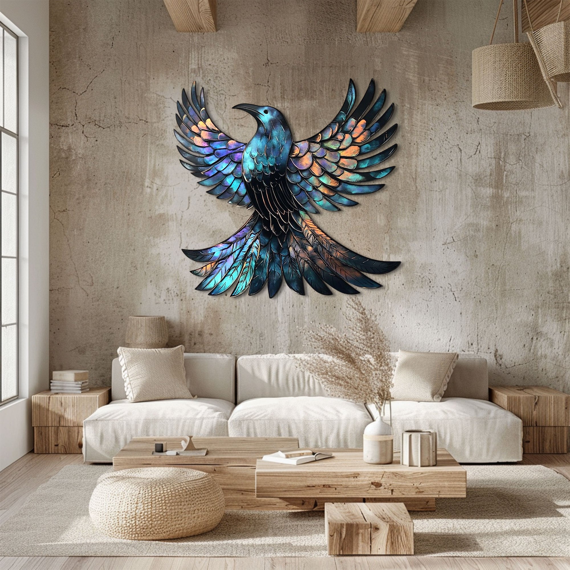 Iridescent Winged Raven Metal Wall Art – 2D UV Printed Aluminum Gothic Bird Decor