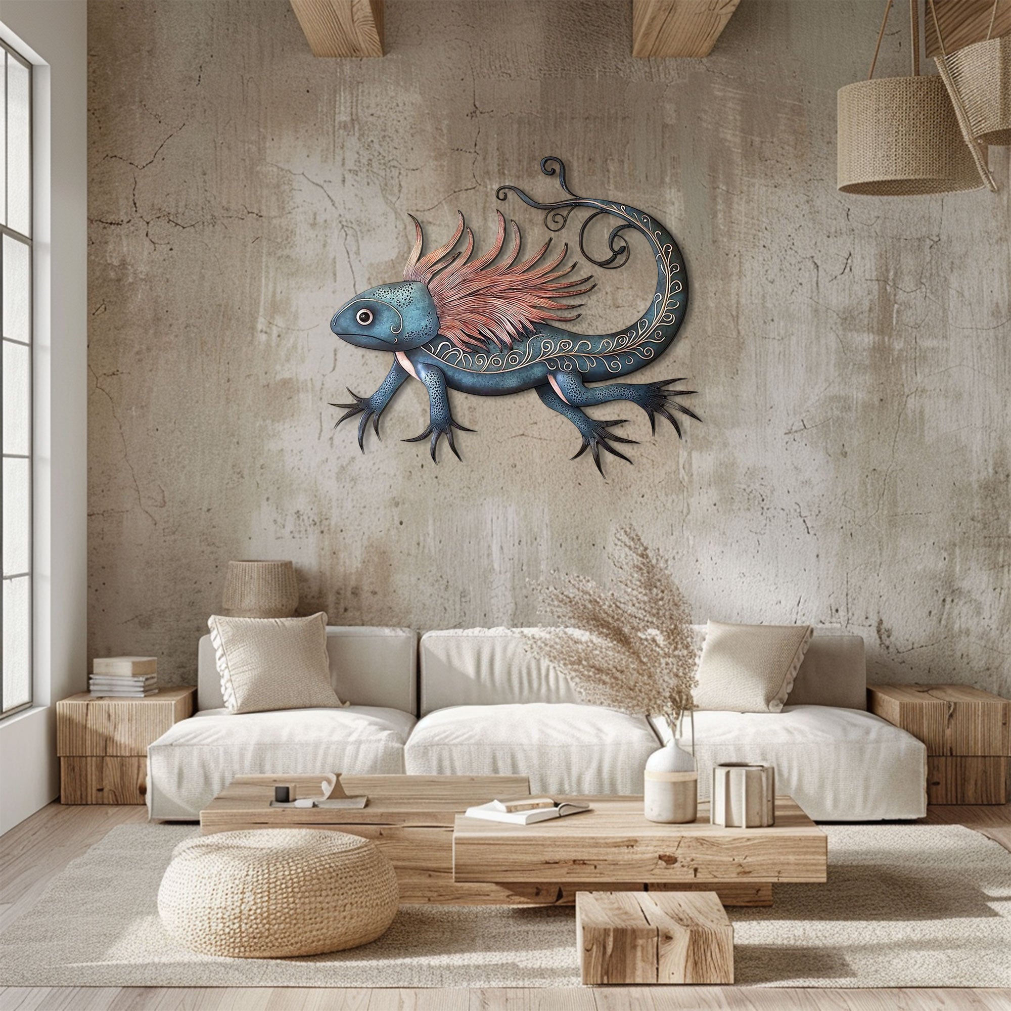 Blue Pink Axolotl Metal Wall Art – 2D UV Printed Aluminum Amphibian Decor