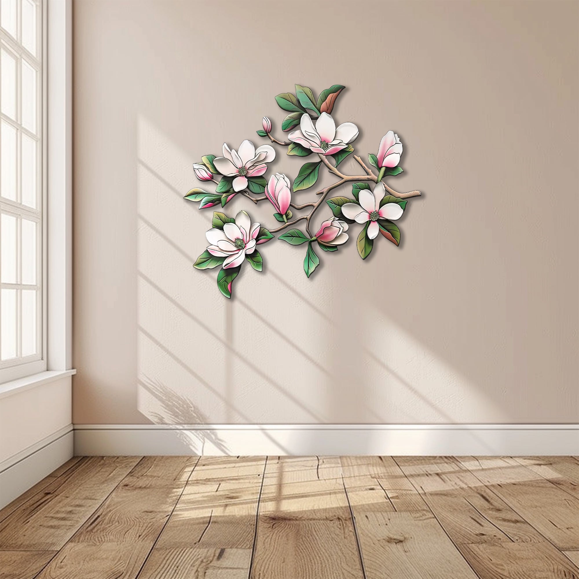 Pink Magnolia Blossom Branch Metal Wall Art – 2D UV Printed Aluminum Floral Botanical Decor