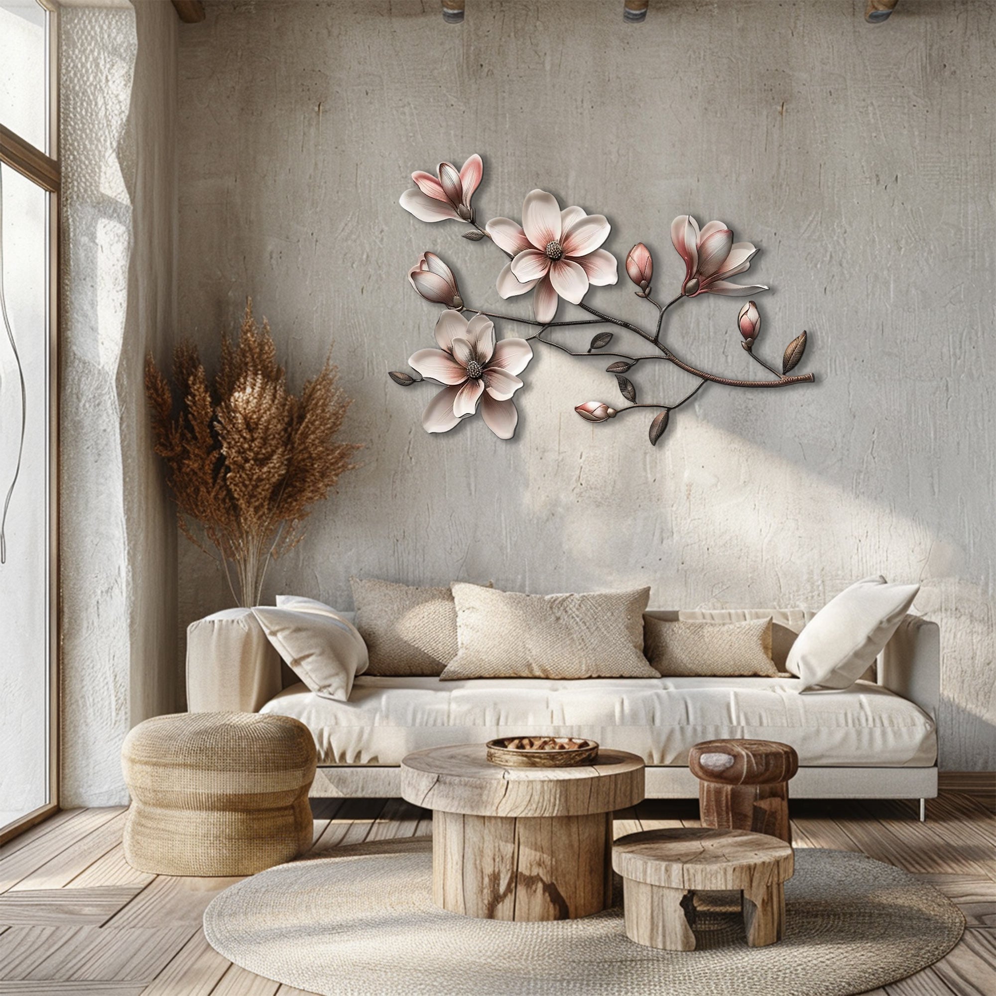 Soft Pink Magnolia Branch Metal Wall Art – 2D UV Printed Aluminum Floral Botanical Decor