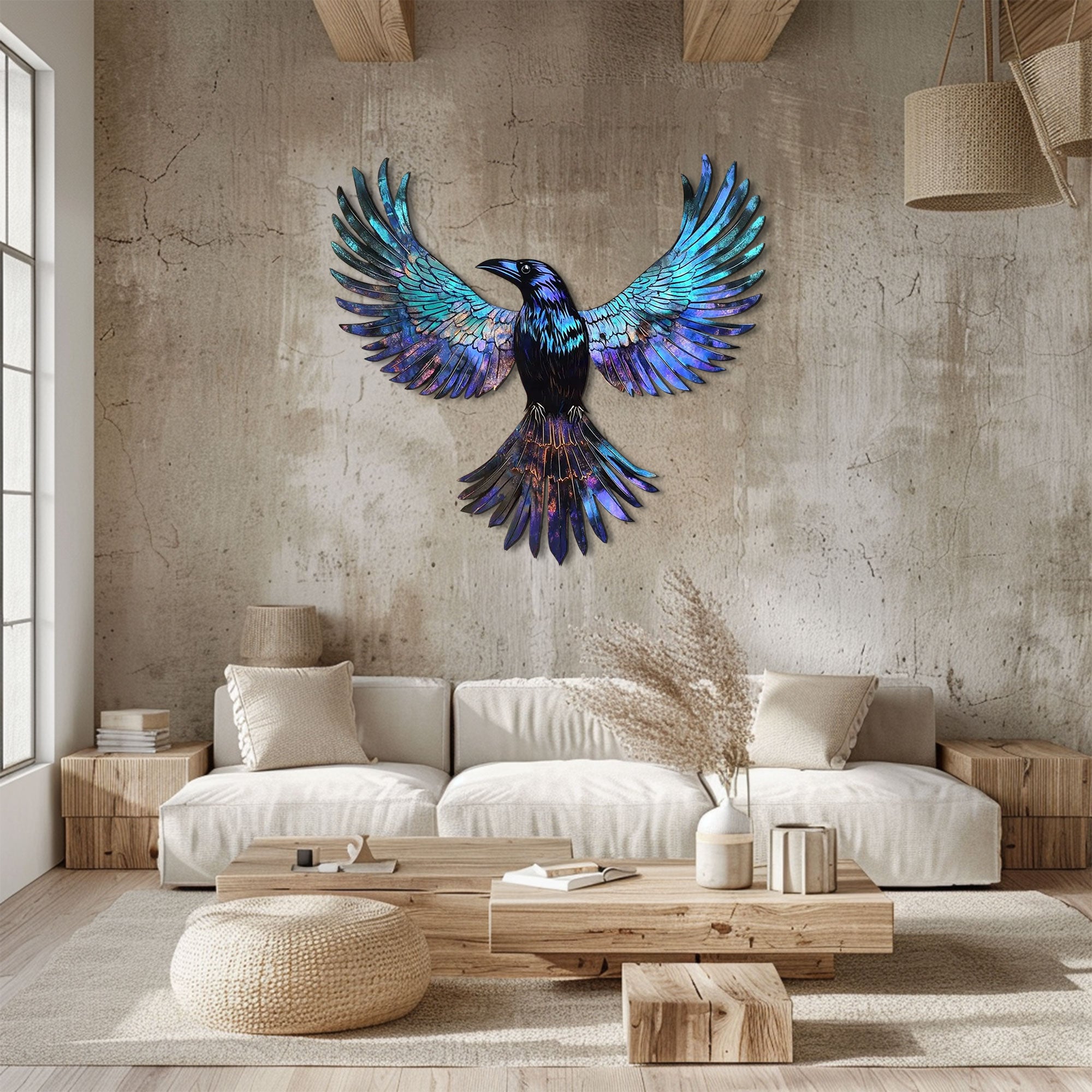 Blue Iridescent Raven Metal Wall Art – 2D UV Printed Aluminum Gothic Bird Decor