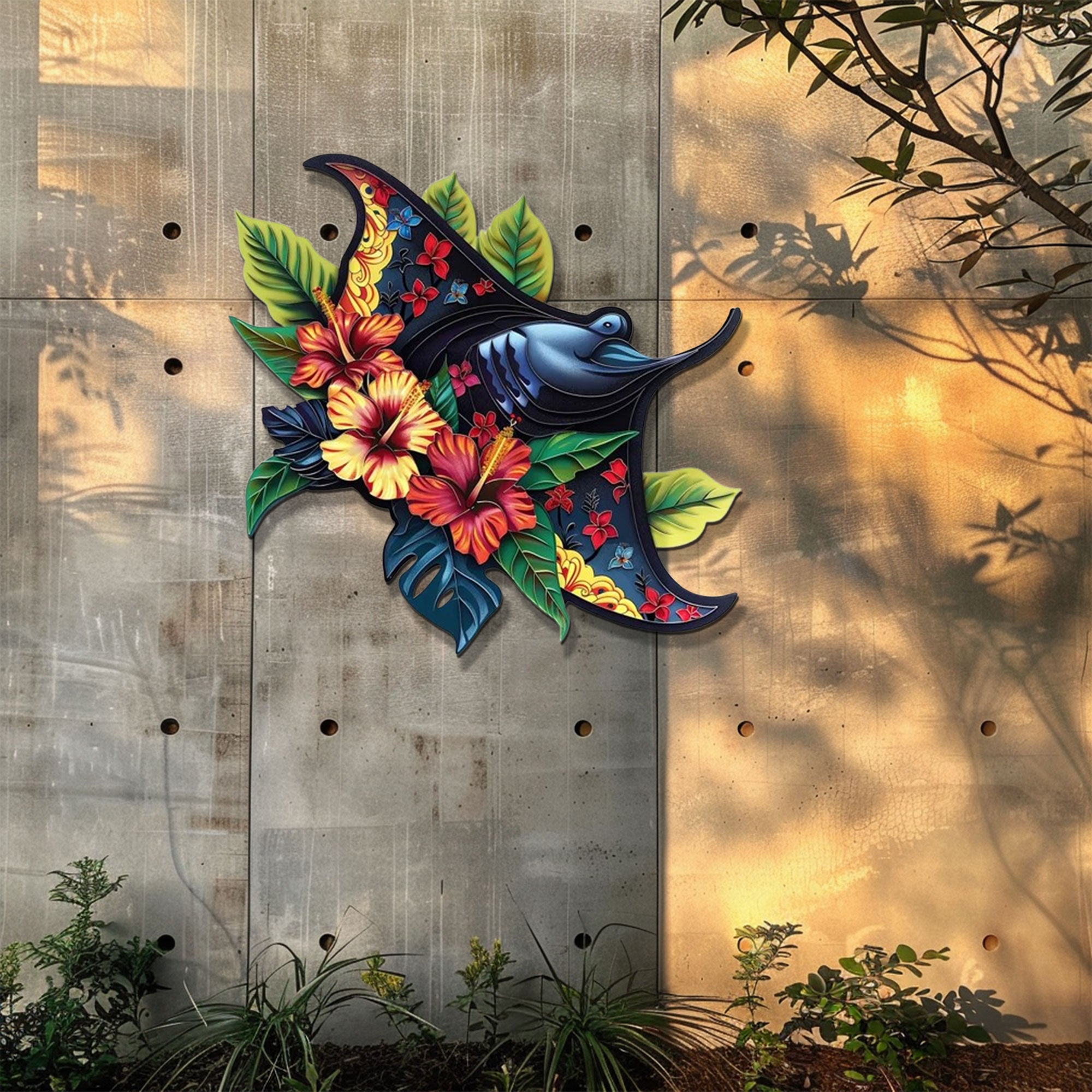 Tropical Floral Swordfish Metal Wall Art – Hibiscus Coastal Ocean Decor