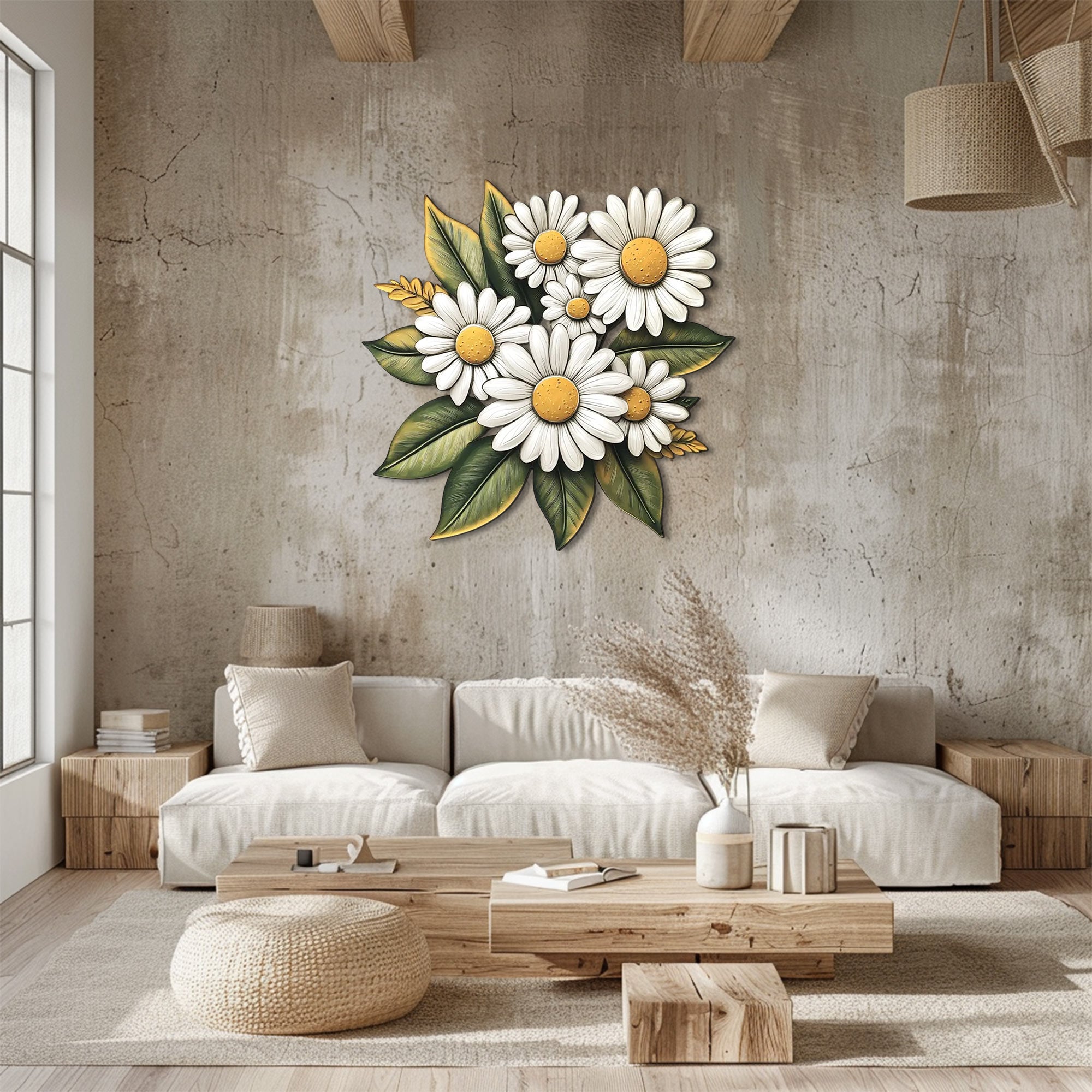 White Daisy Floral Bouquet Metal Wall Art – 2D UV Printed Aluminum Garden Decor