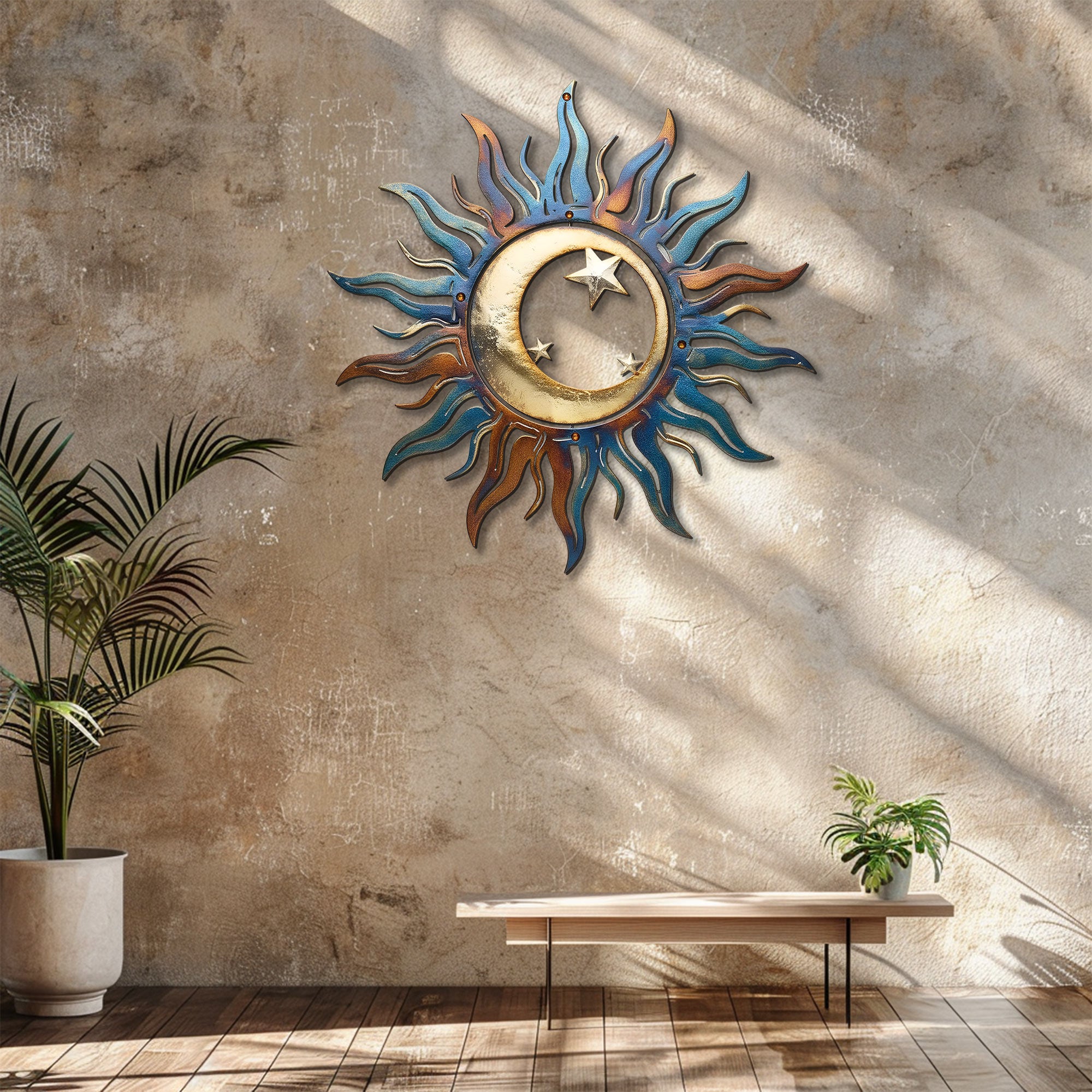 Sun Moon Metal Wall Art – UV Printed Stainless Steel Celestial Decor, Ver 1