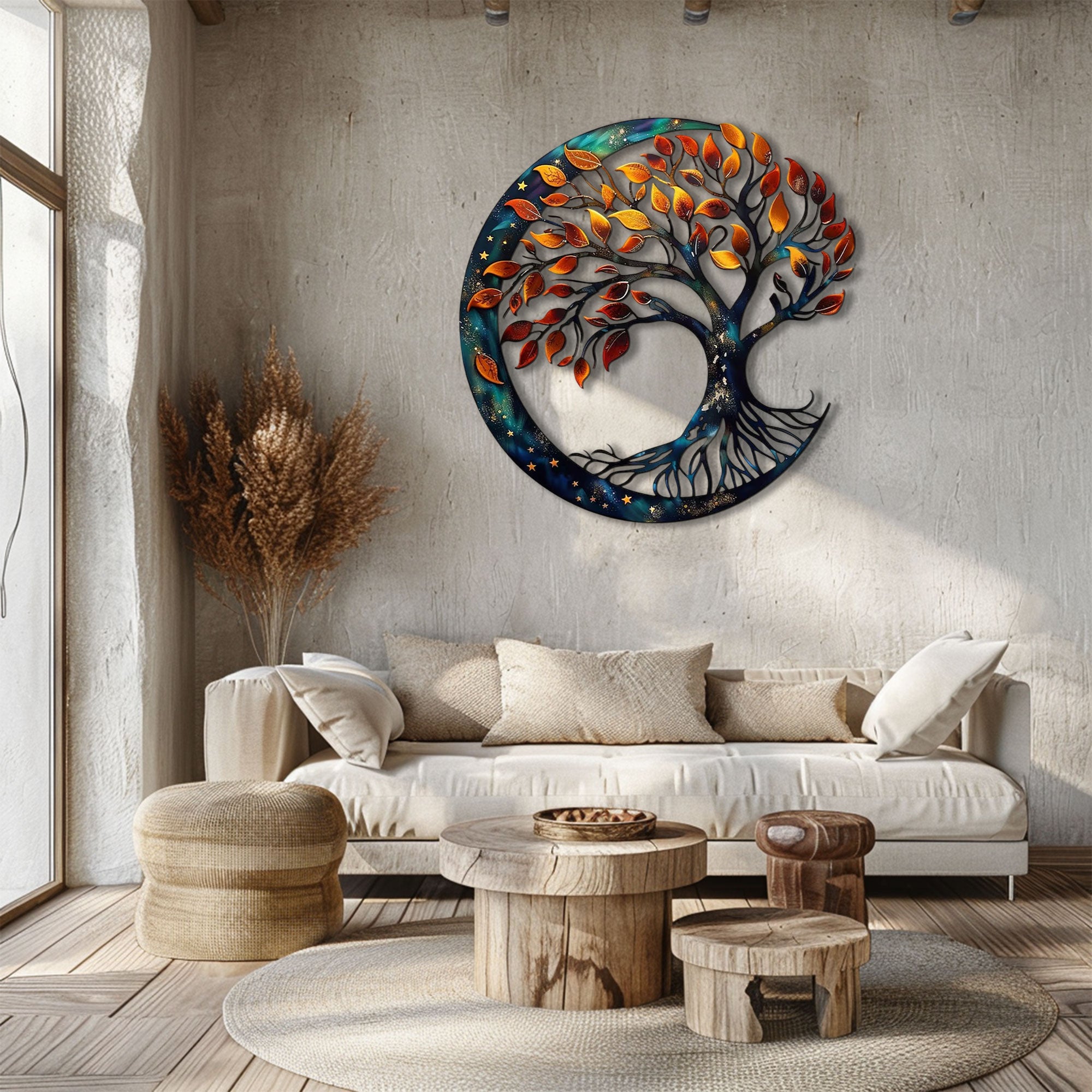 Tree of Life Galaxy Circle Metal Wall Art – 2D UV Printed Aluminum Autumn Decor