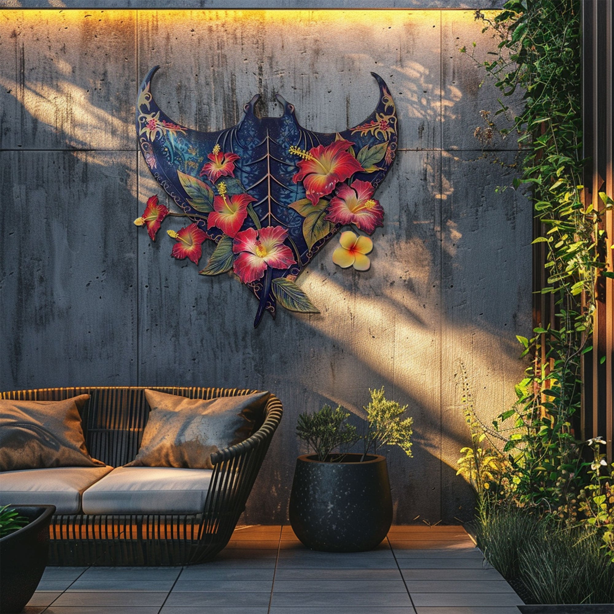 Floral Manta Ray Metal Wall Art – Tropical Hibiscus Coastal Ocean Decor