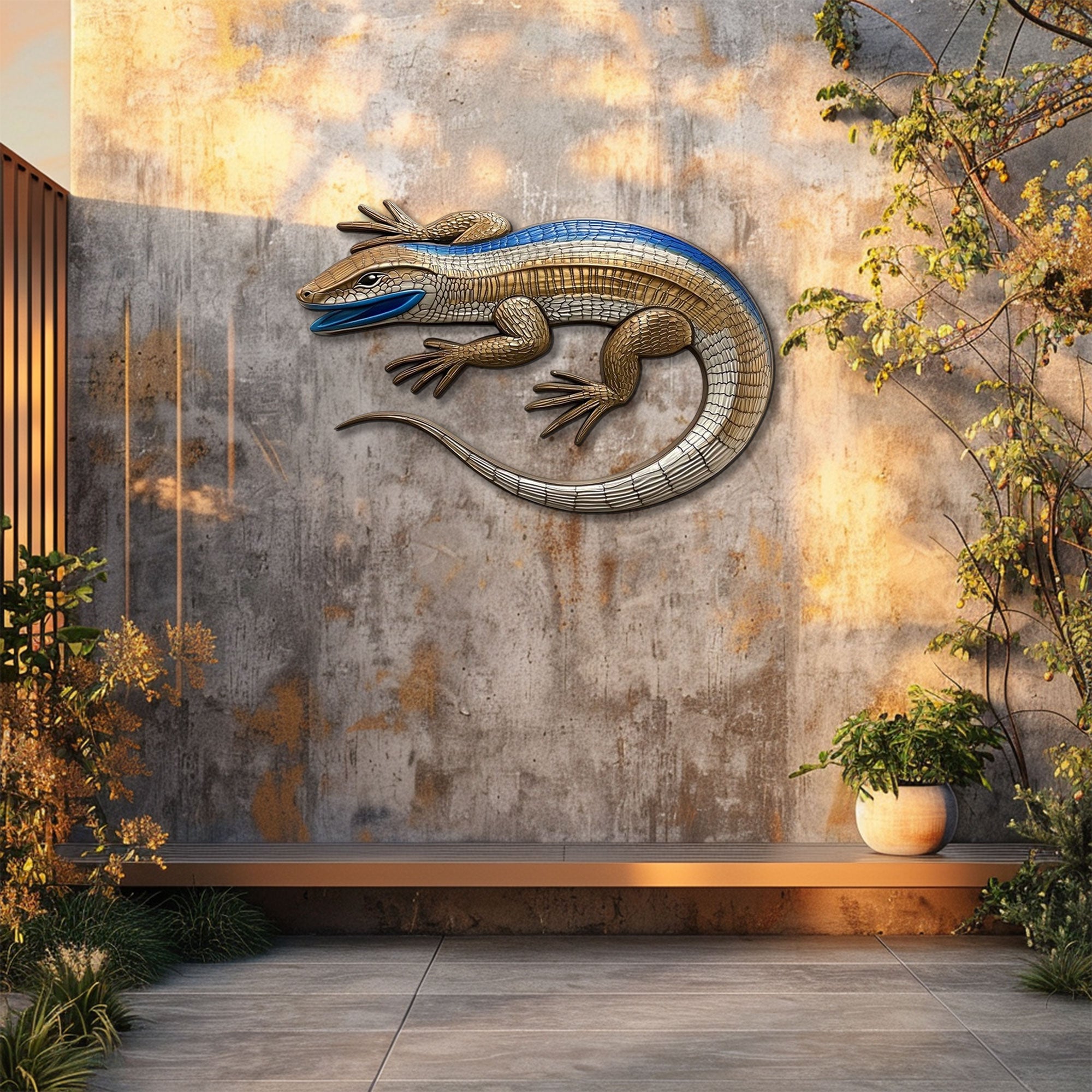 Golden Blue Tongue Lizard Metal Wall Art – 2D UV Printed Aluminum Reptile Decor