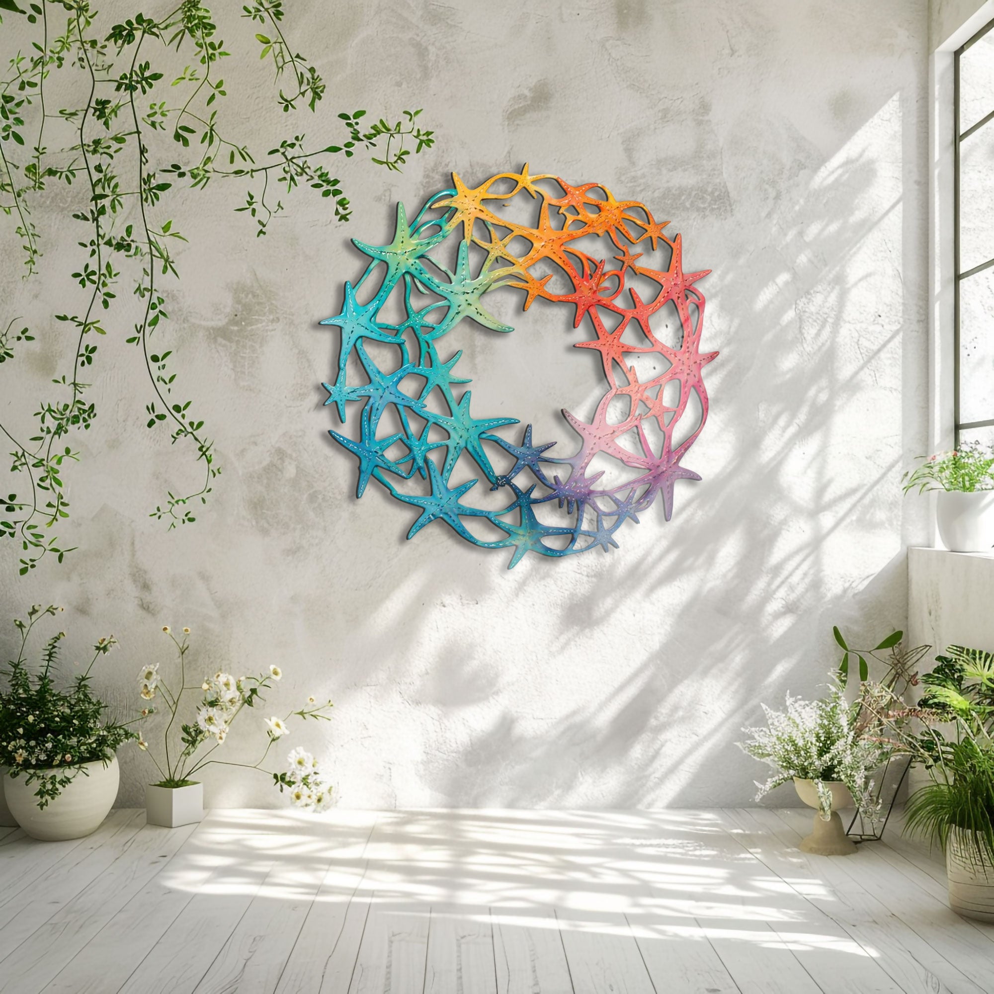 Rainbow Starfish Wreath Metal Wall Art – 2D UV Printed Aluminum Colorful Coastal Decor