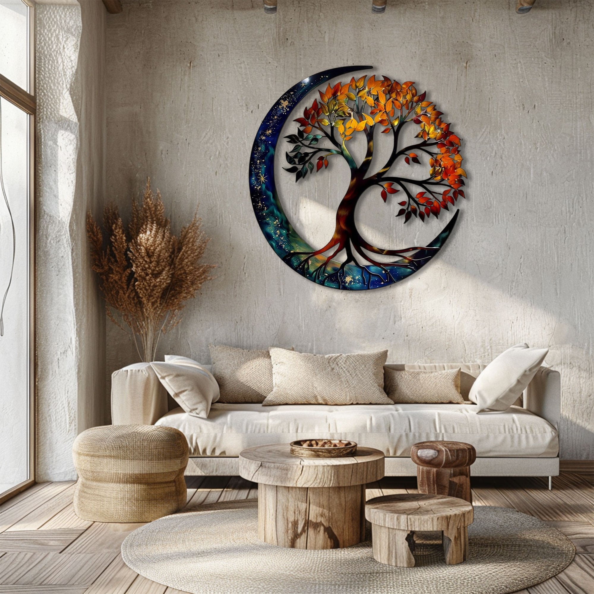 Tree of Life Crescent Moon Metal Wall Art – 2D UV Printed Aluminum Autumn Decor